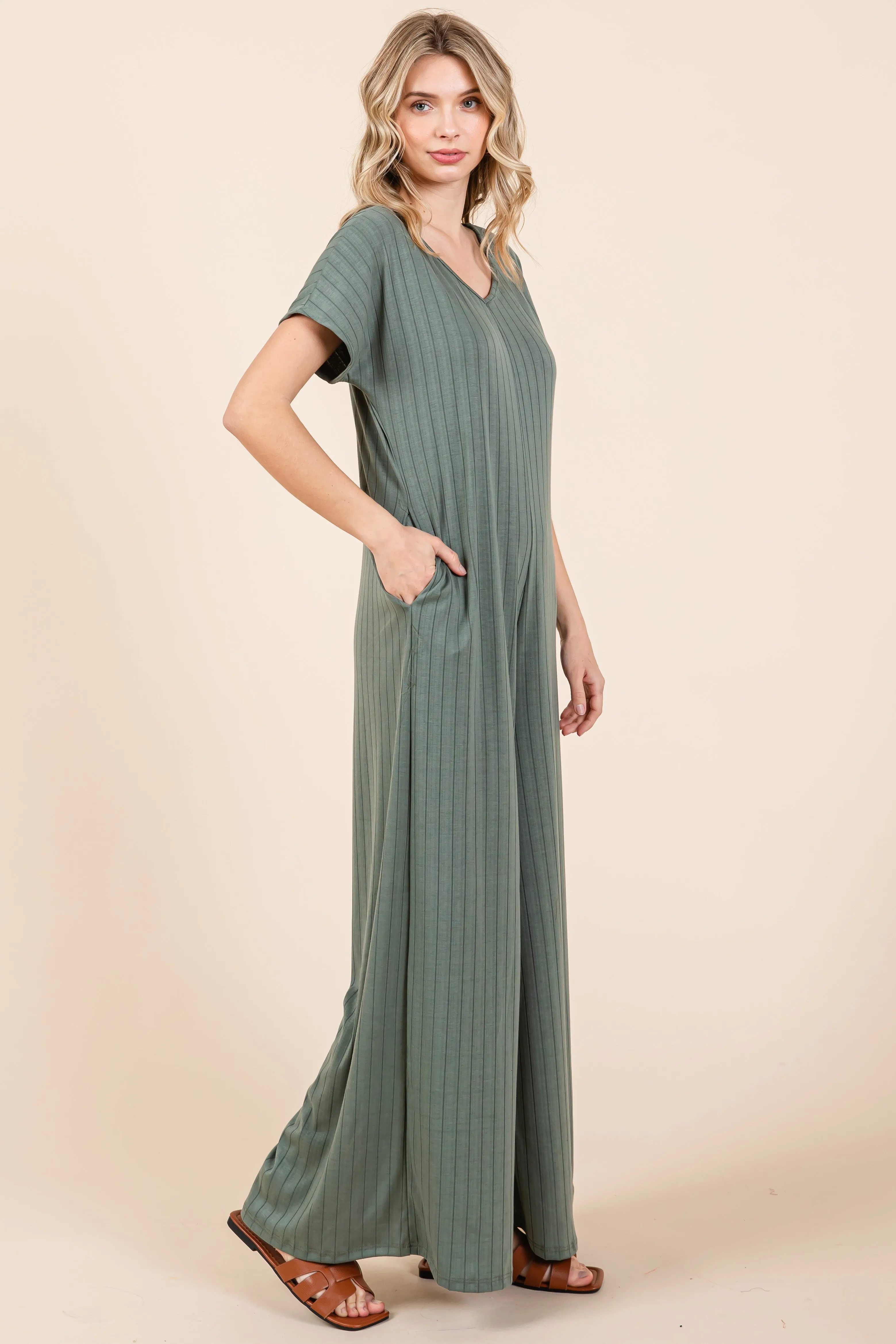 Olive Ribbed Wide Leg Jumpsuit sold by Pinkblush product image thumbnail 2