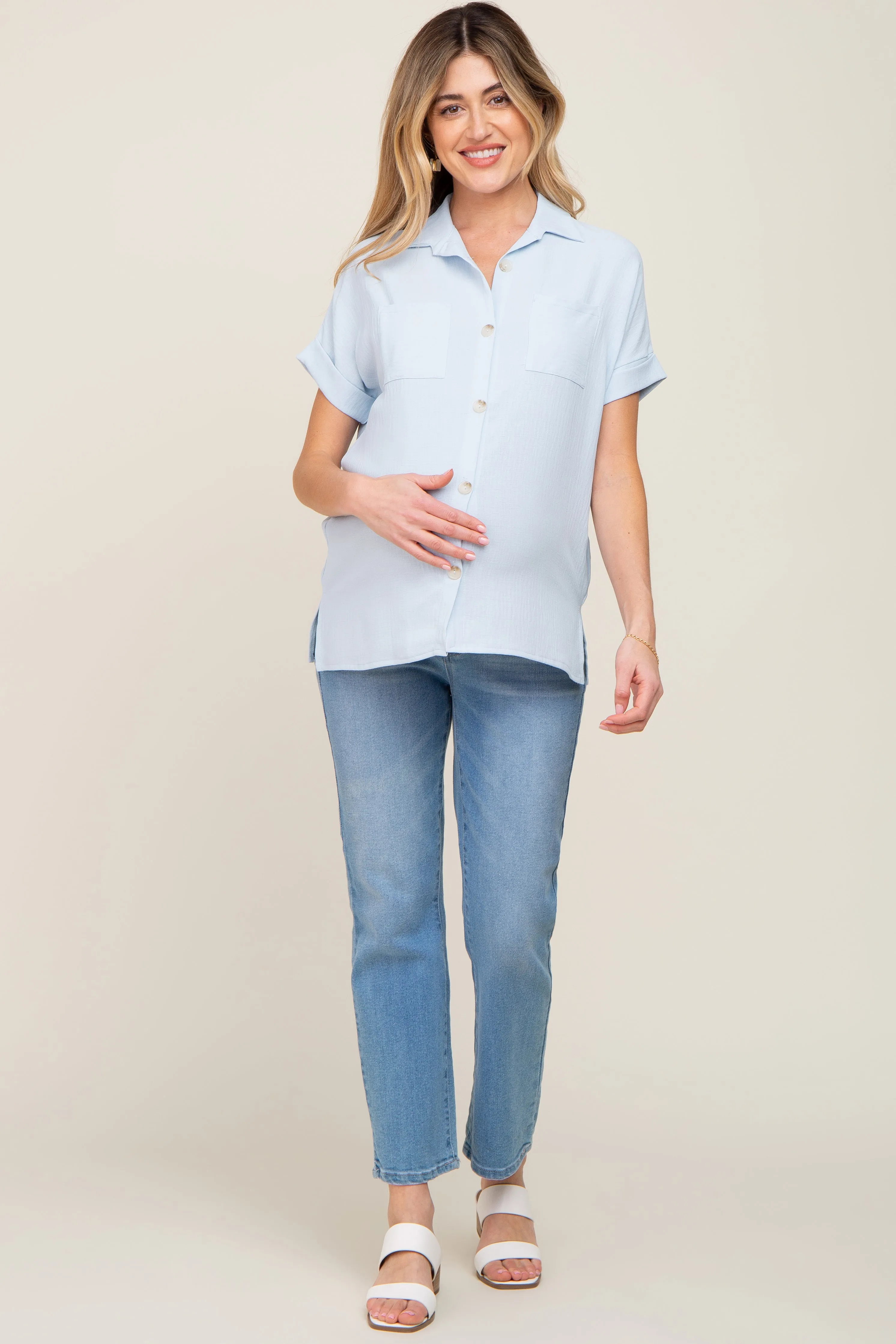 Light Blue Collared Button-Down Short Sleeve Maternity Blouse sold by Pinkblush product image thumbnail 4