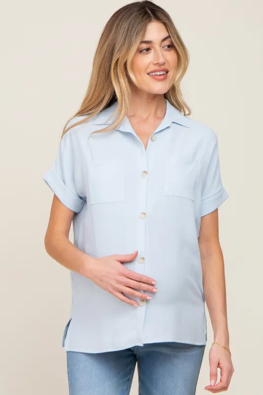 Light Blue Collared Button-Down Short Sleeve Maternity Blouse sold by Pinkblush
