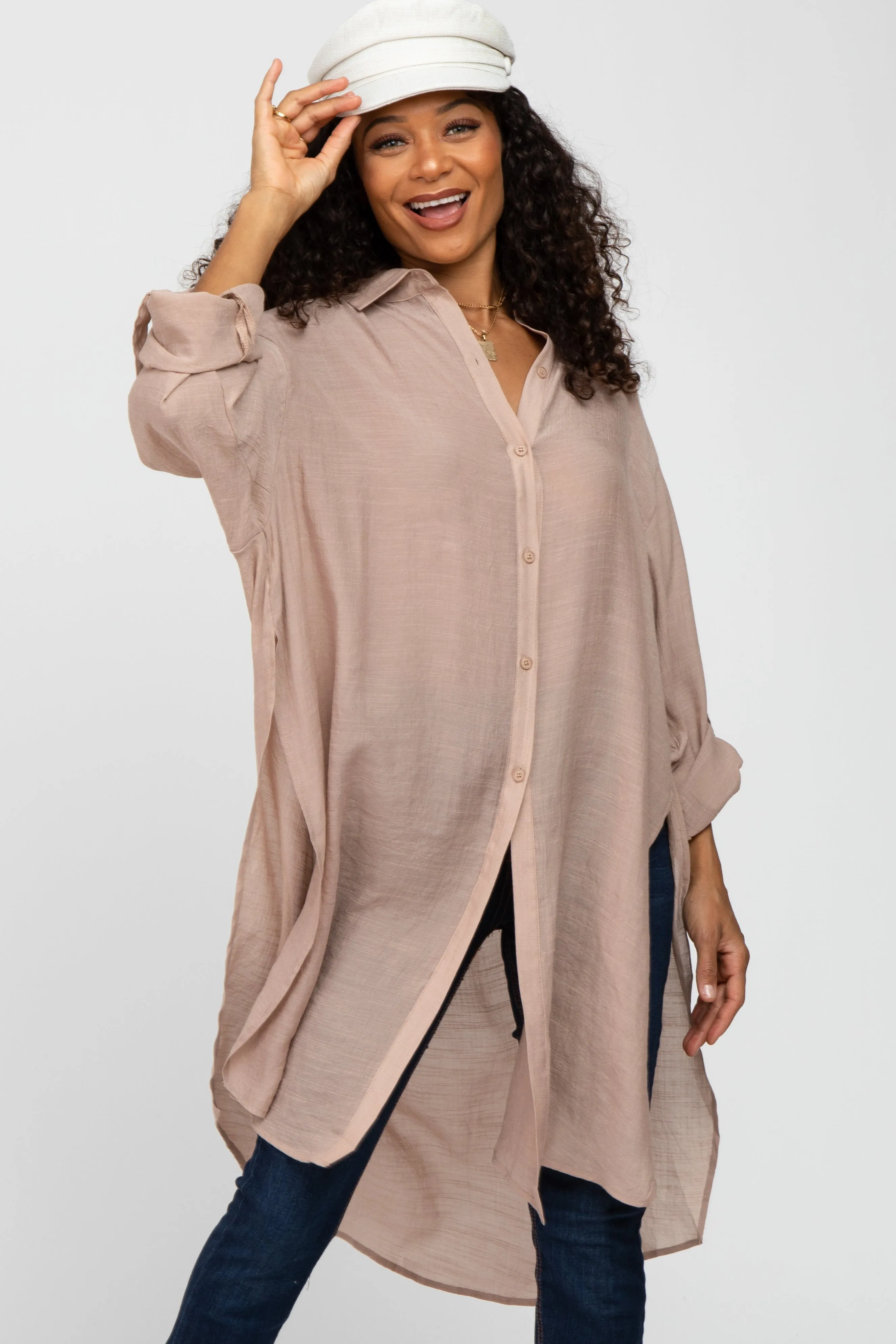 Taupe Button Front Side Slit Oversized Blouse sold by Pinkblush product image thumbnail 2
