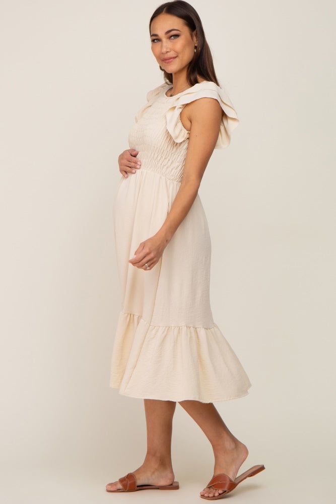 Beige Smocked Layered Ruffle Flutter Sleeve Maternity Midi Dress sold by Pinkblush product image thumbnail 2