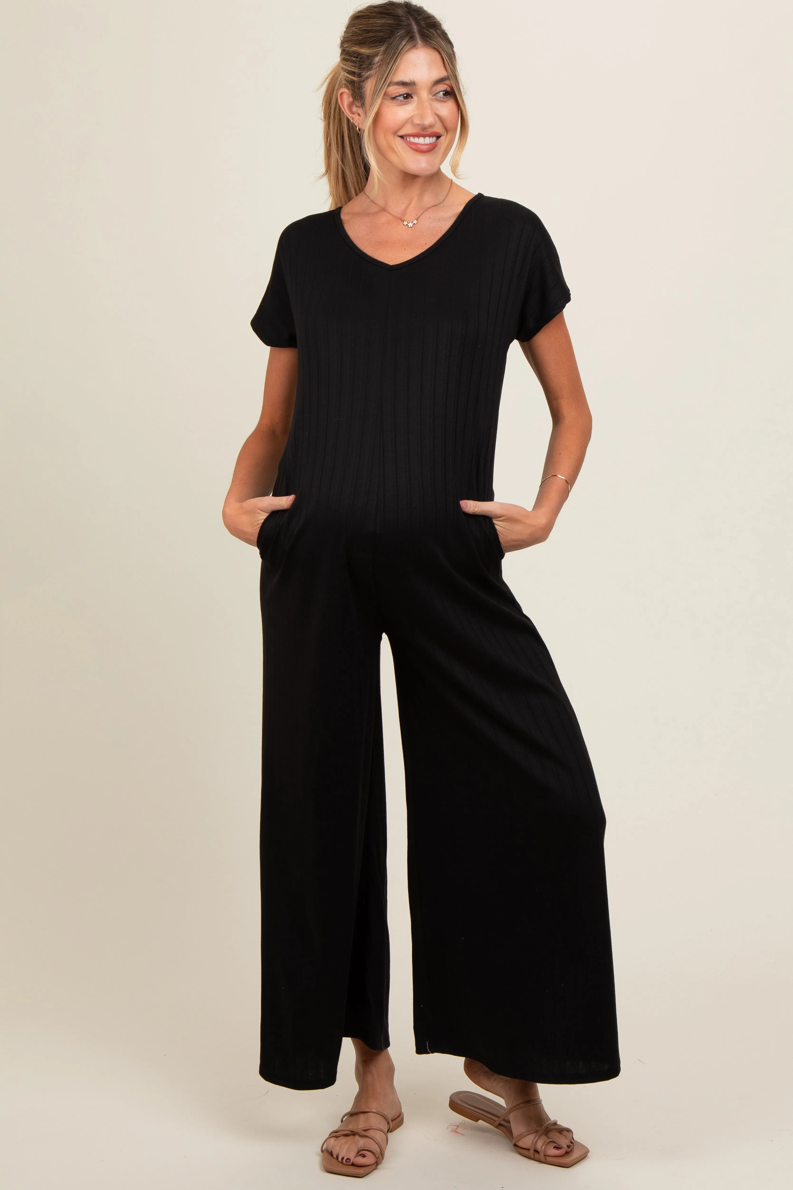 Black Ribbed Wide Leg Maternity Jumpsuit sold by Pinkblush