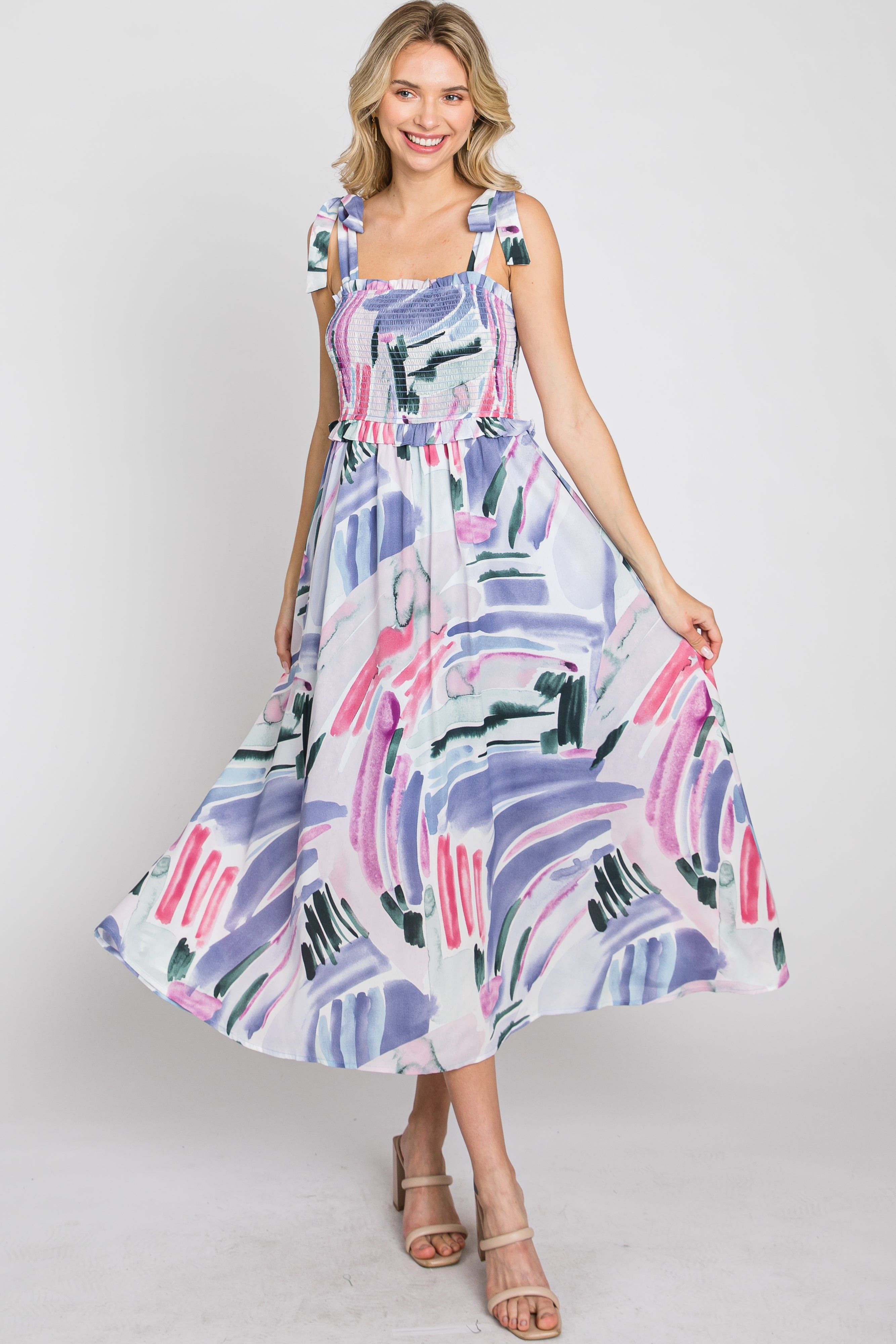 Lavender Multi-Colored Stroke Print Smocked Midi Dress sold by Pinkblush product image thumbnail 3