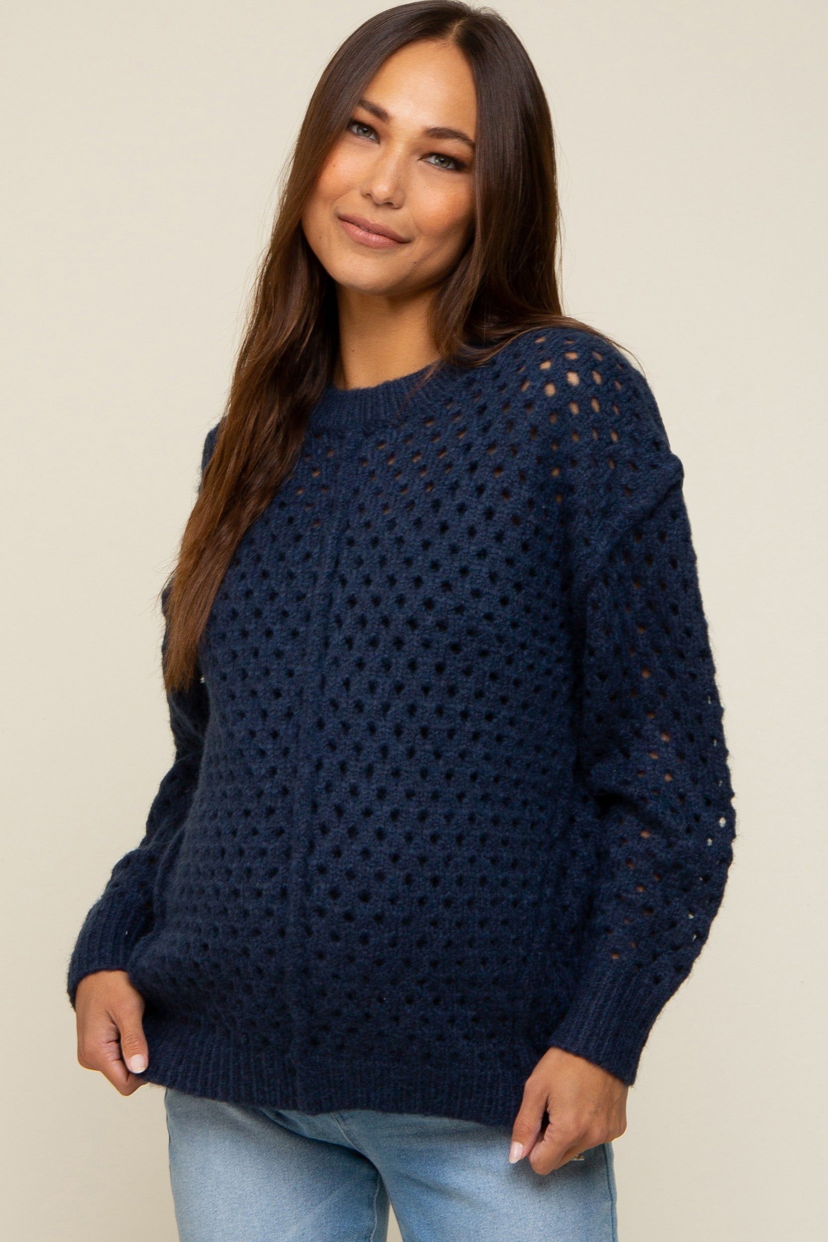 Navy Open Chunky Knit Maternity Sweater sold by Pinkblush