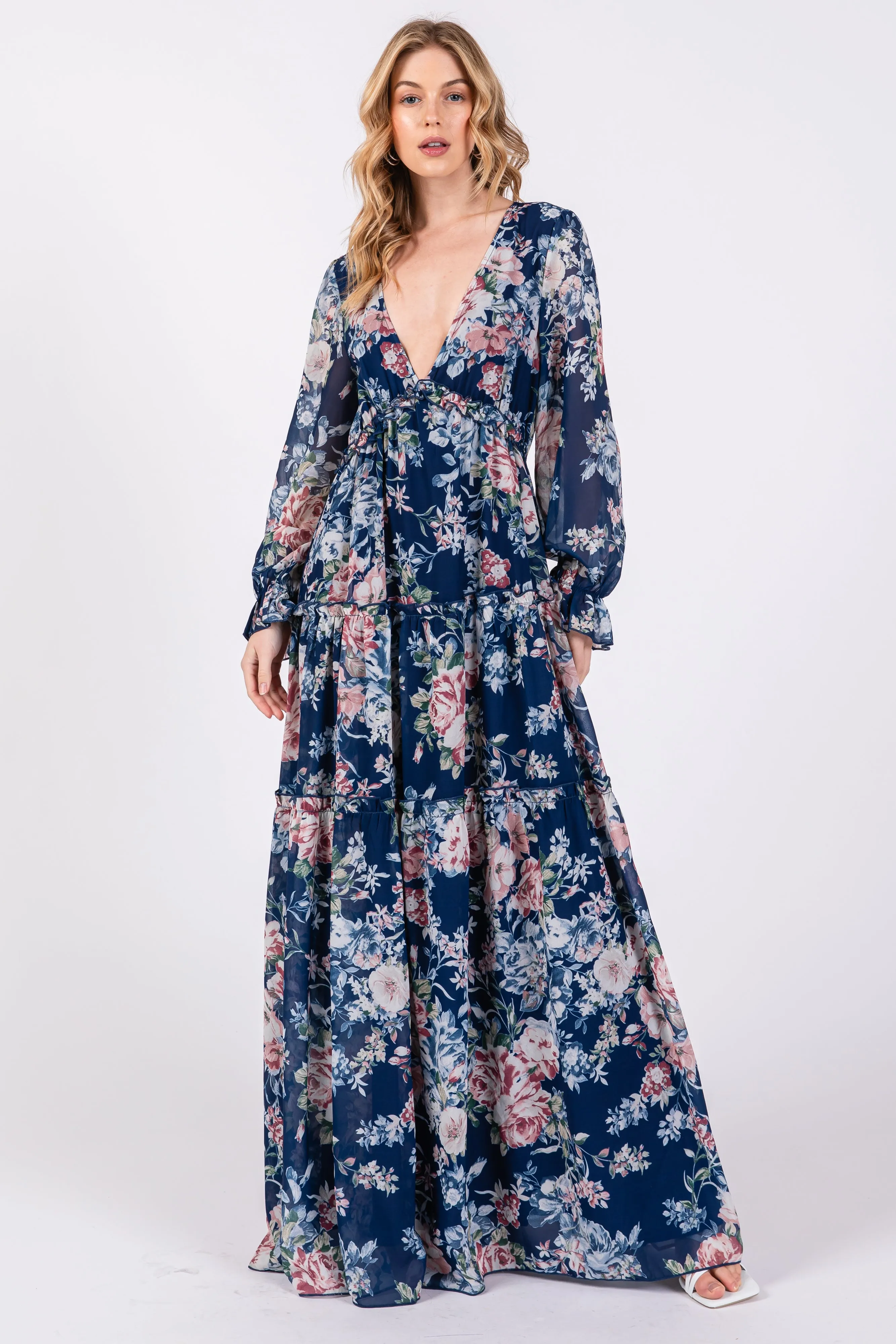 Navy Blue Floral Chiffon Deep V Ruffle Tiered Maternity Maxi Dress sold by Pinkblush product image thumbnail 3