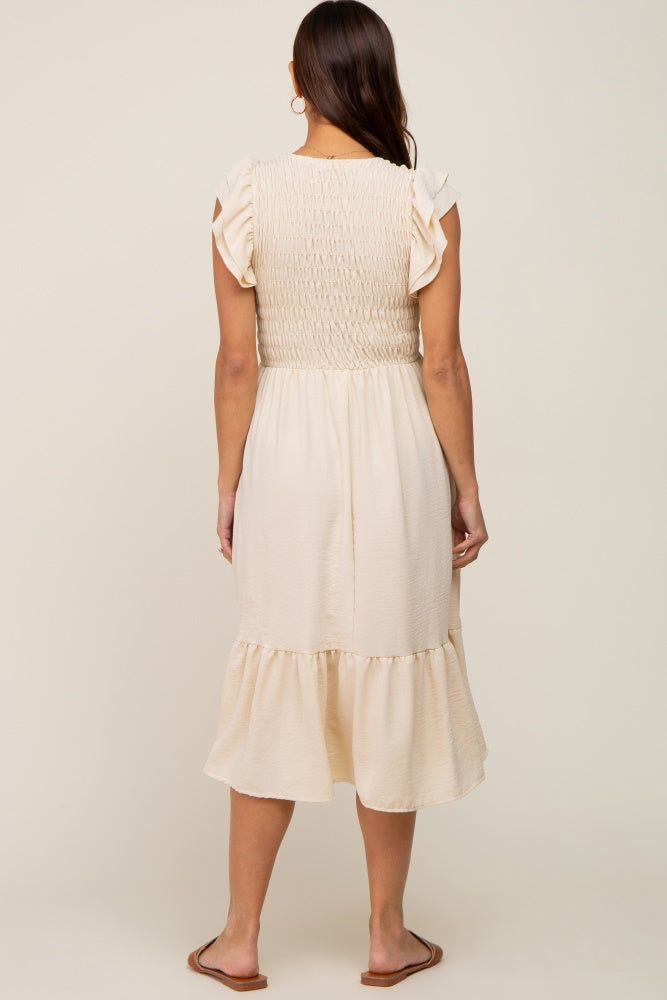 Beige Smocked Layered Ruffle Flutter Sleeve Maternity Midi Dress sold by Pinkblush product image thumbnail 3