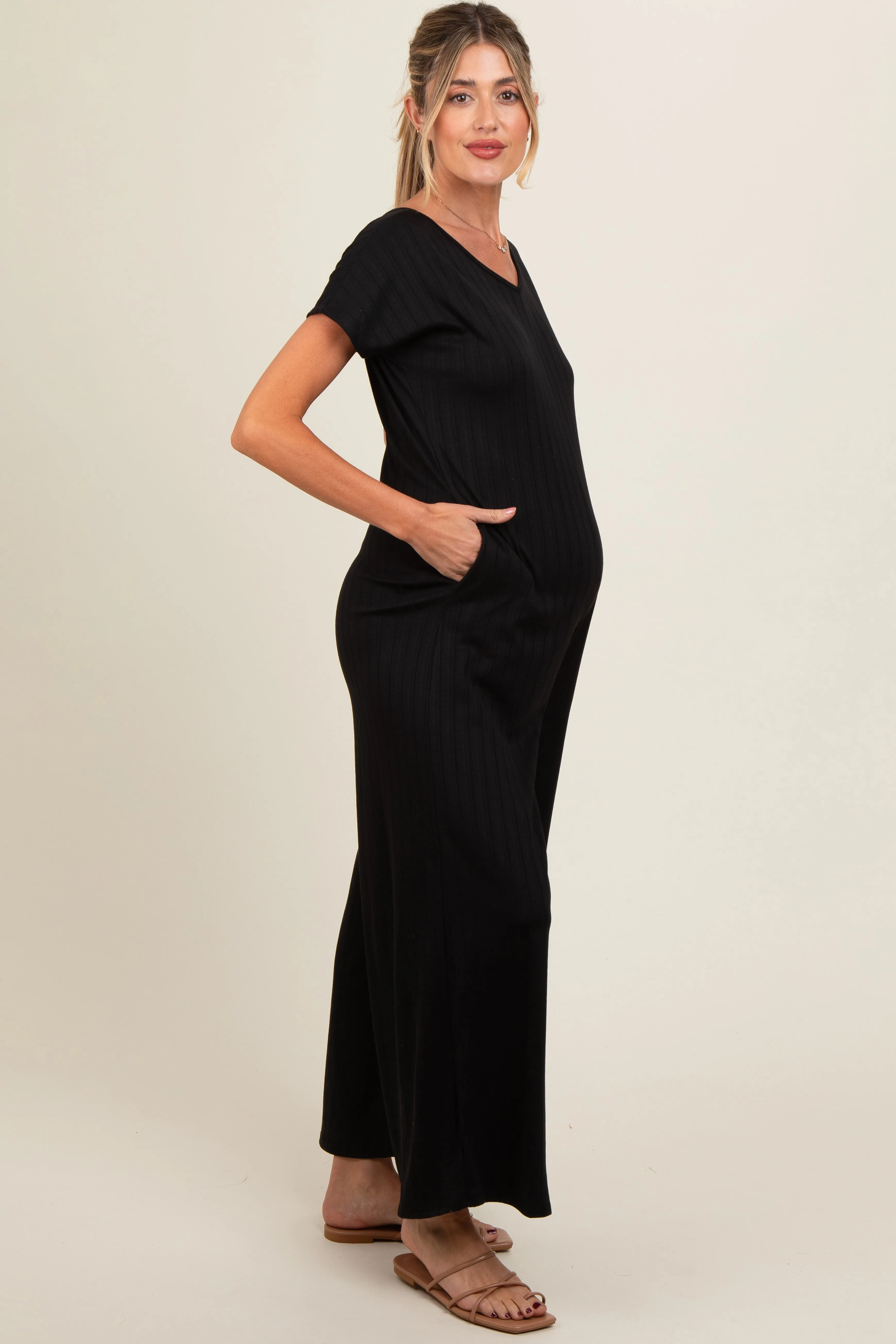 Black Ribbed Wide Leg Maternity Jumpsuit sold by Pinkblush product image thumbnail 2