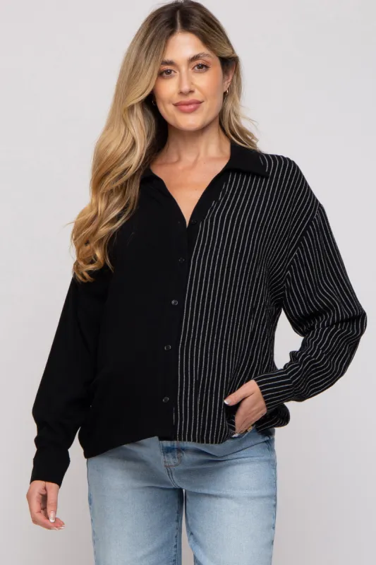 Black Half Stripe Button Down Maternity Top sold by Pinkblush