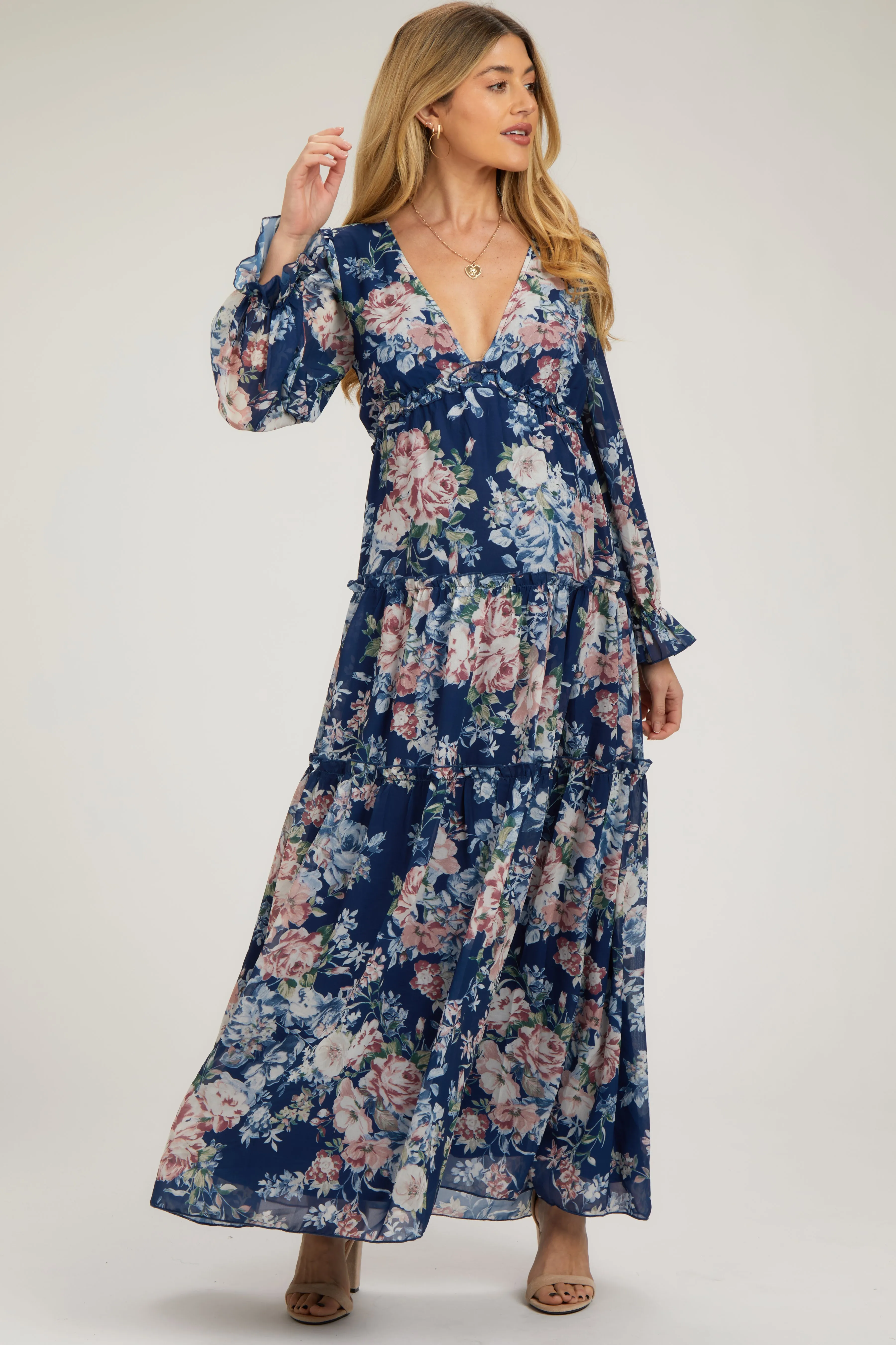 Navy Blue Floral Chiffon Deep V Ruffle Tiered Maternity Maxi Dress sold by Pinkblush
