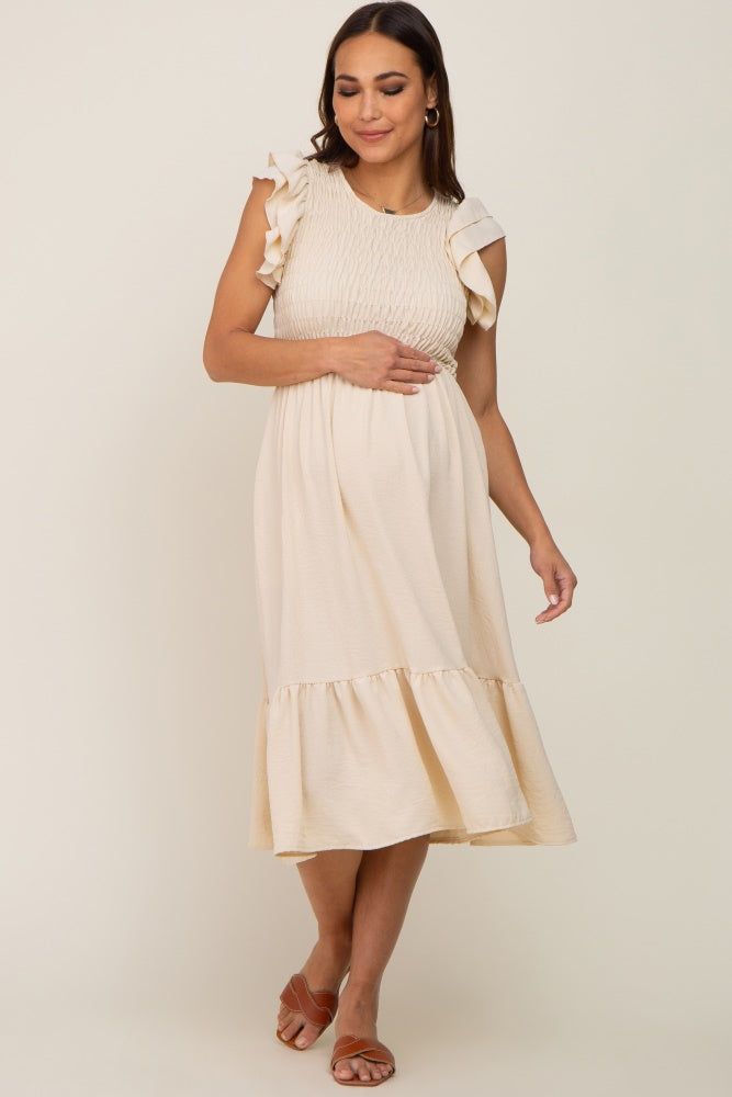 Beige Smocked Layered Ruffle Flutter Sleeve Maternity Midi Dress sold by Pinkblush product image thumbnail 4