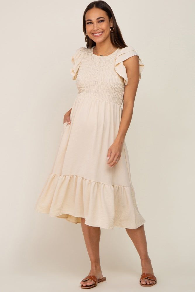 Beige Smocked Layered Ruffle Flutter Sleeve Maternity Midi Dress sold by Pinkblush