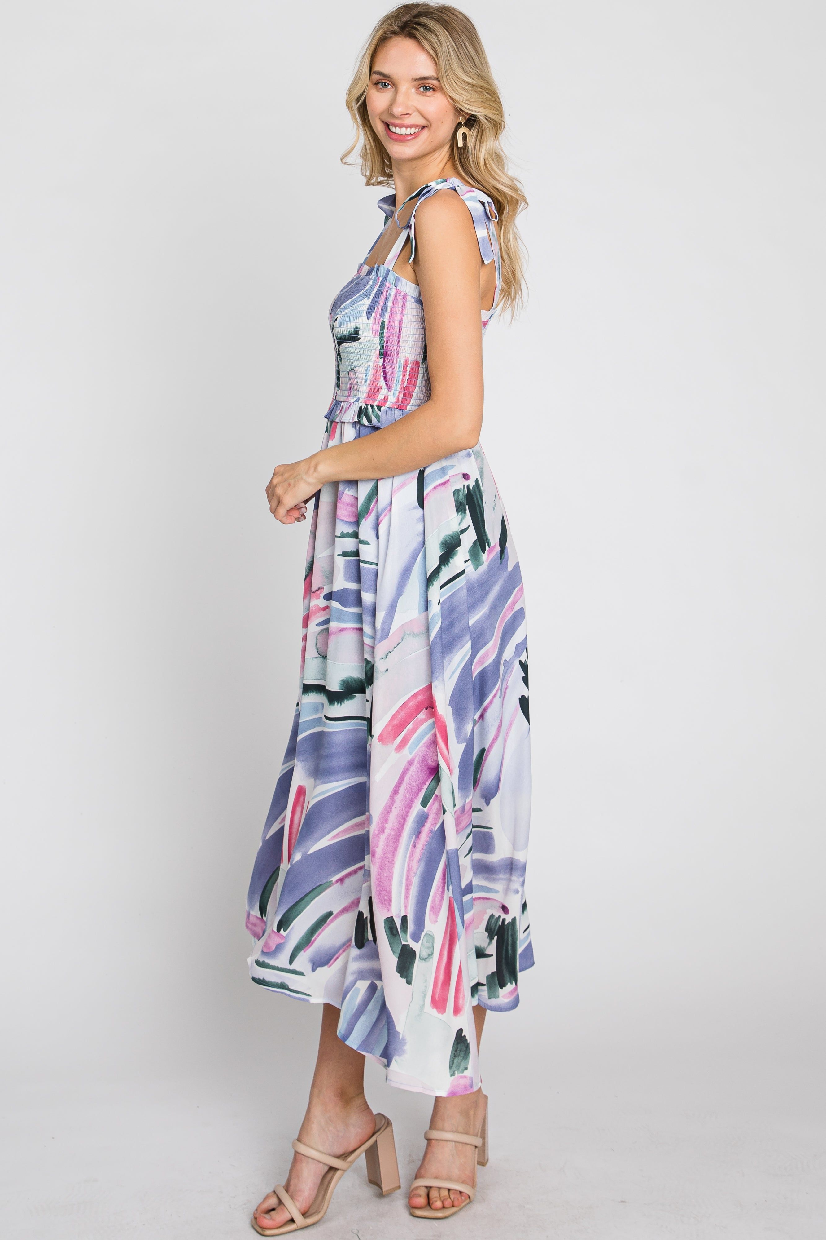 Lavender Multi-Colored Stroke Print Smocked Midi Dress sold by Pinkblush product image thumbnail 5