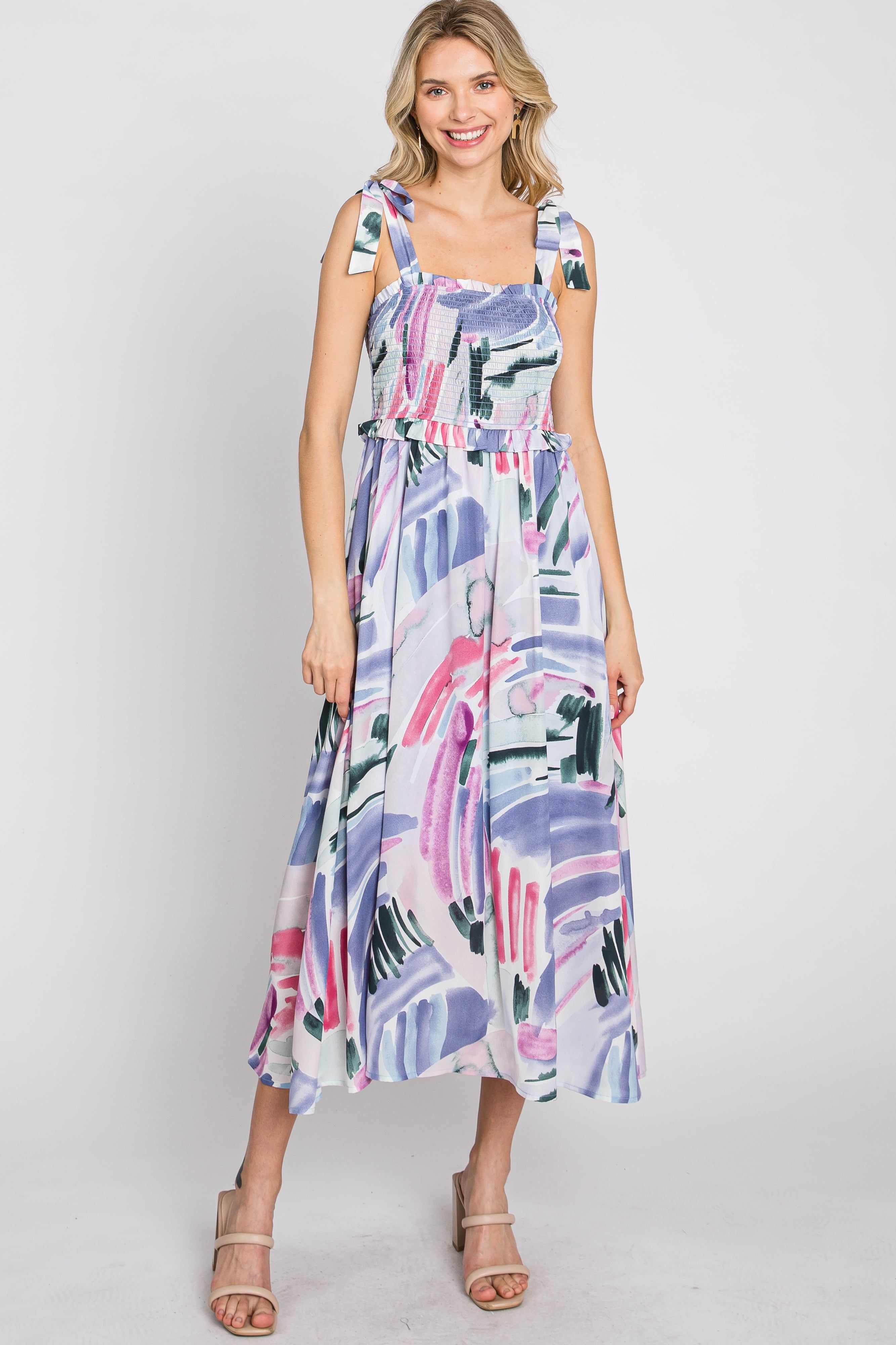 Lavender Multi-Colored Stroke Print Smocked Midi Dress sold by Pinkblush product image thumbnail 2