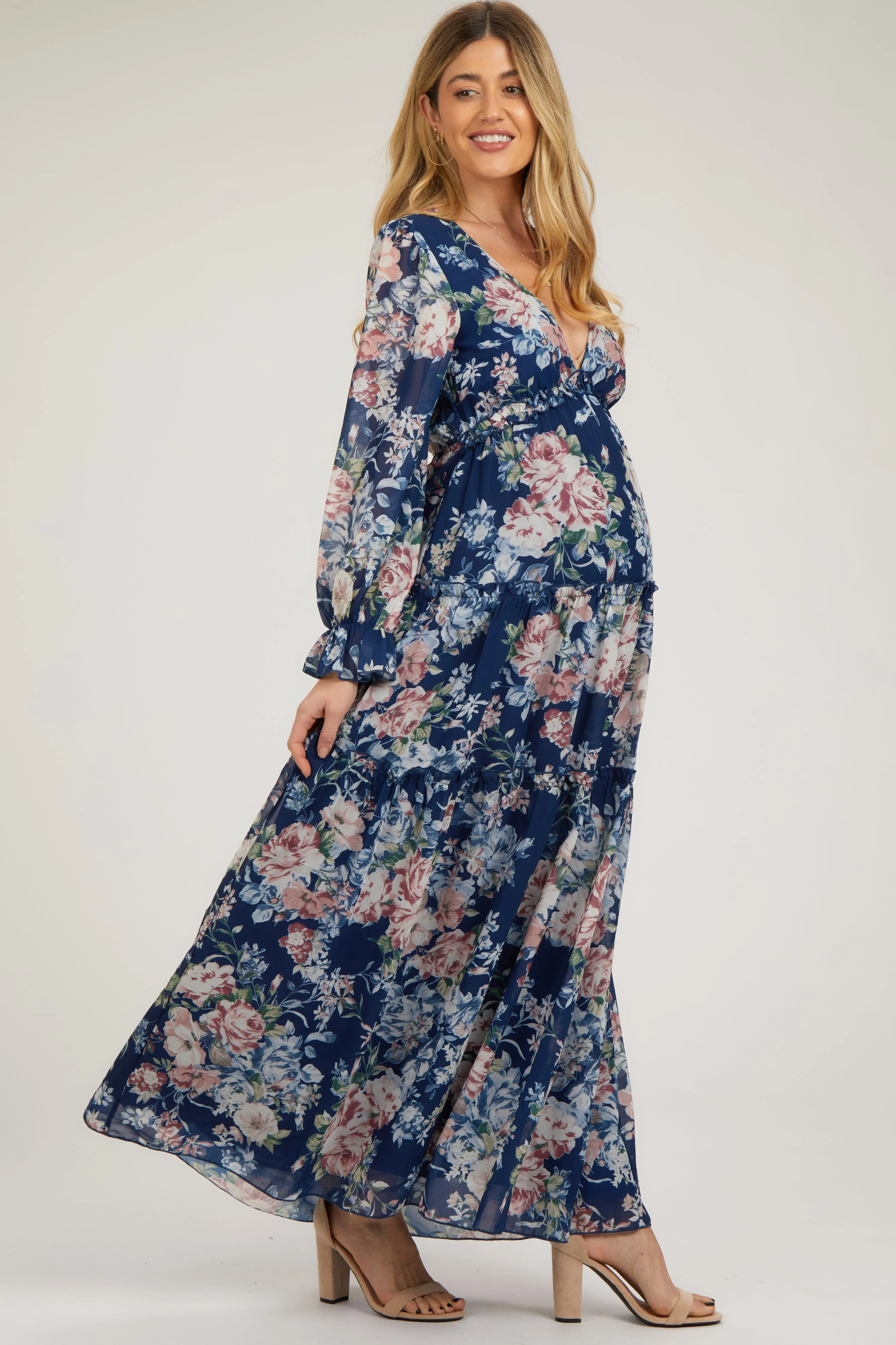 Navy Blue Floral Chiffon Deep V Ruffle Tiered Maternity Maxi Dress sold by Pinkblush product image thumbnail 2