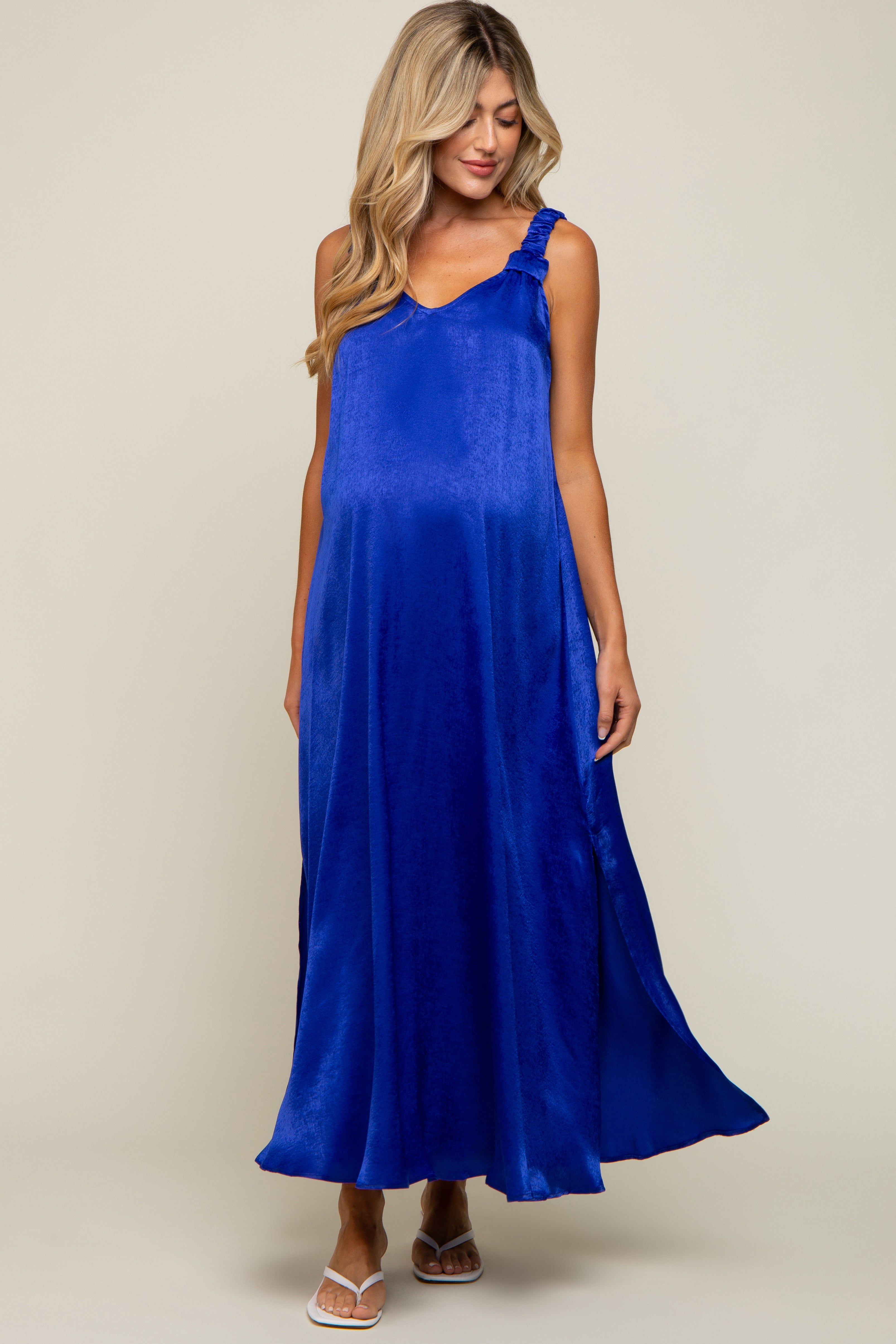 Royal Blue Satin Side Slit Maternity Maxi Dress sold by Pinkblush product image thumbnail 4