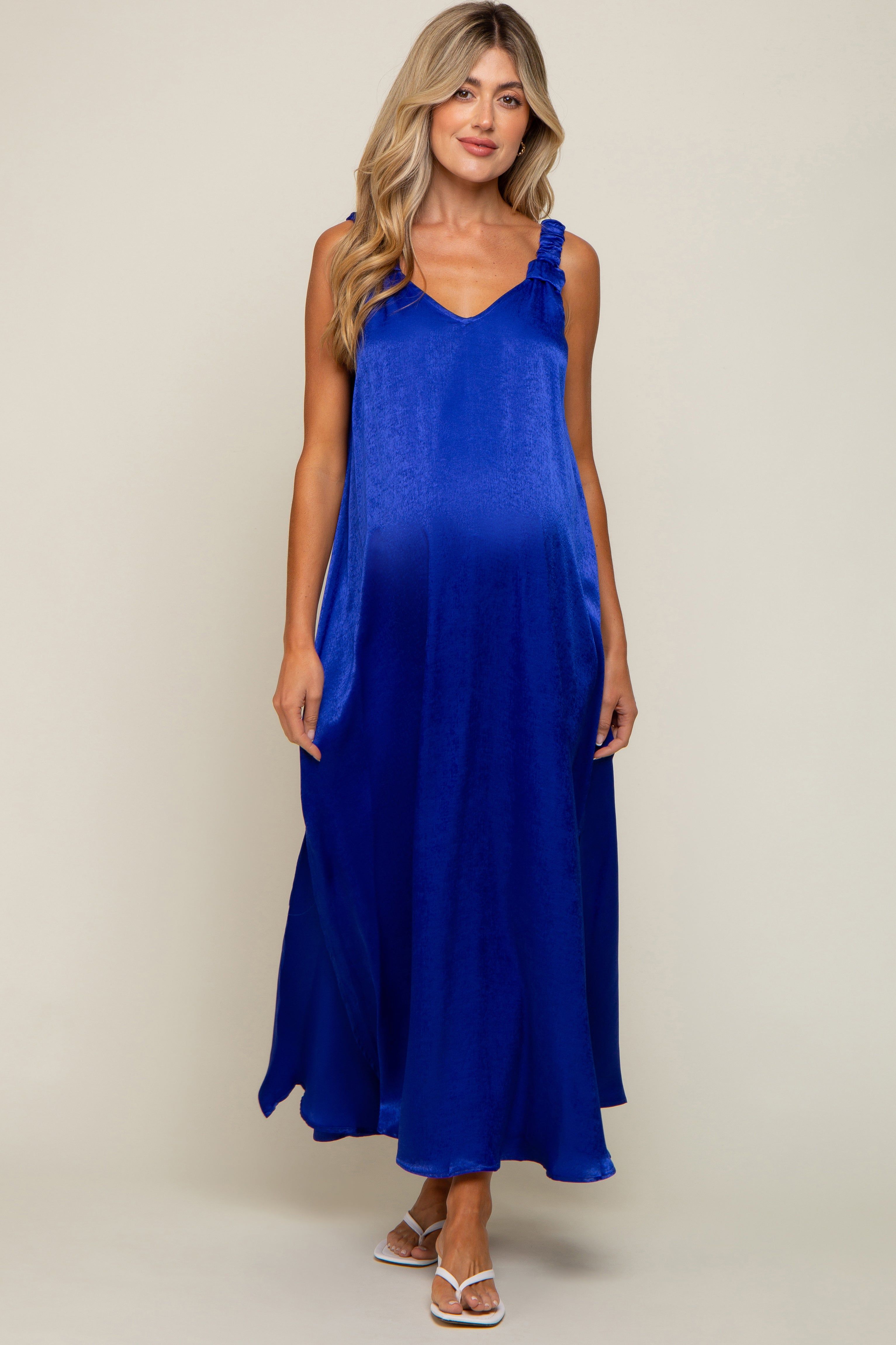 Royal Blue Satin Side Slit Maternity Maxi Dress sold by Pinkblush