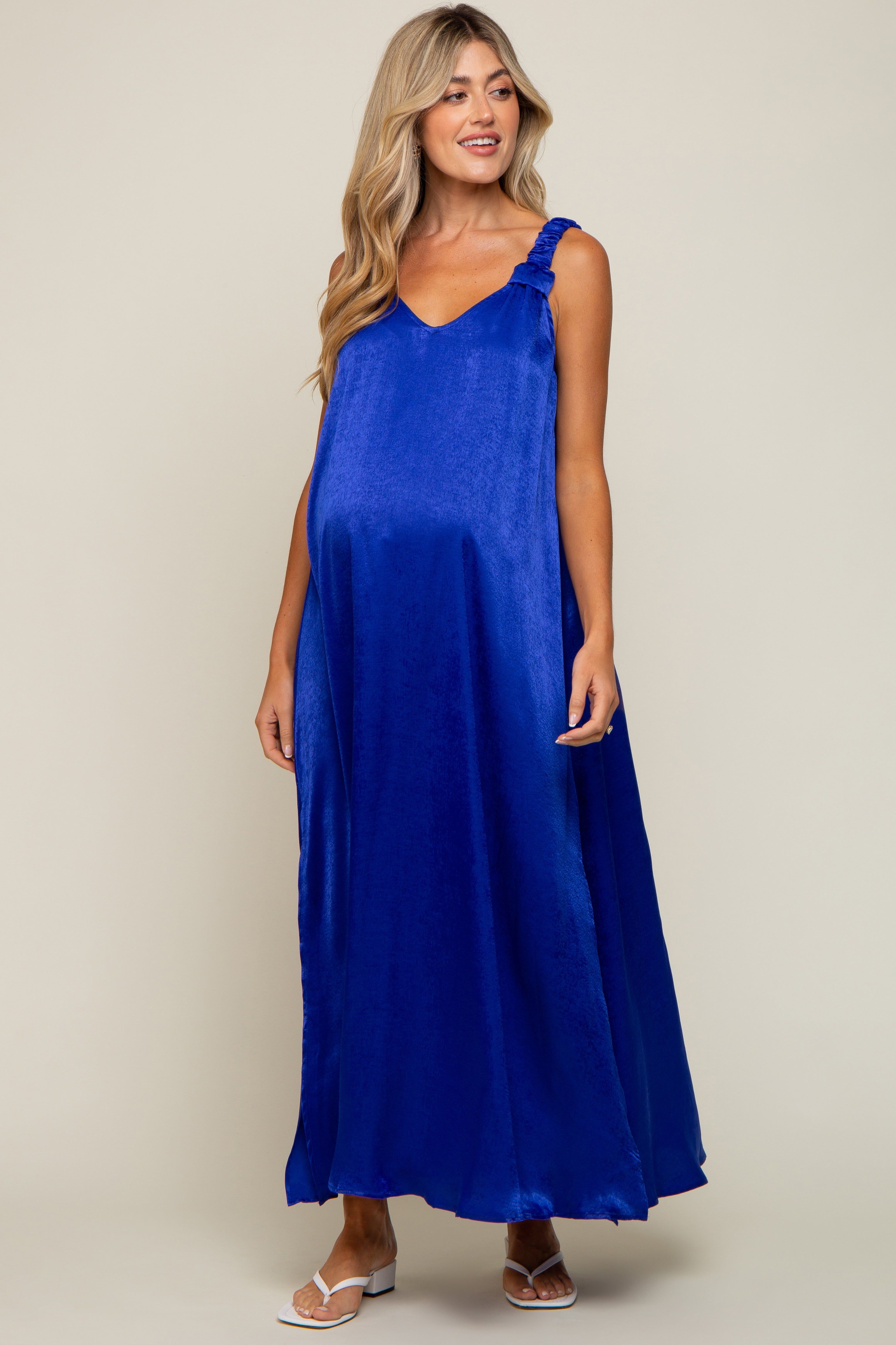 Royal Blue Satin Side Slit Maternity Maxi Dress sold by Pinkblush product image thumbnail 5