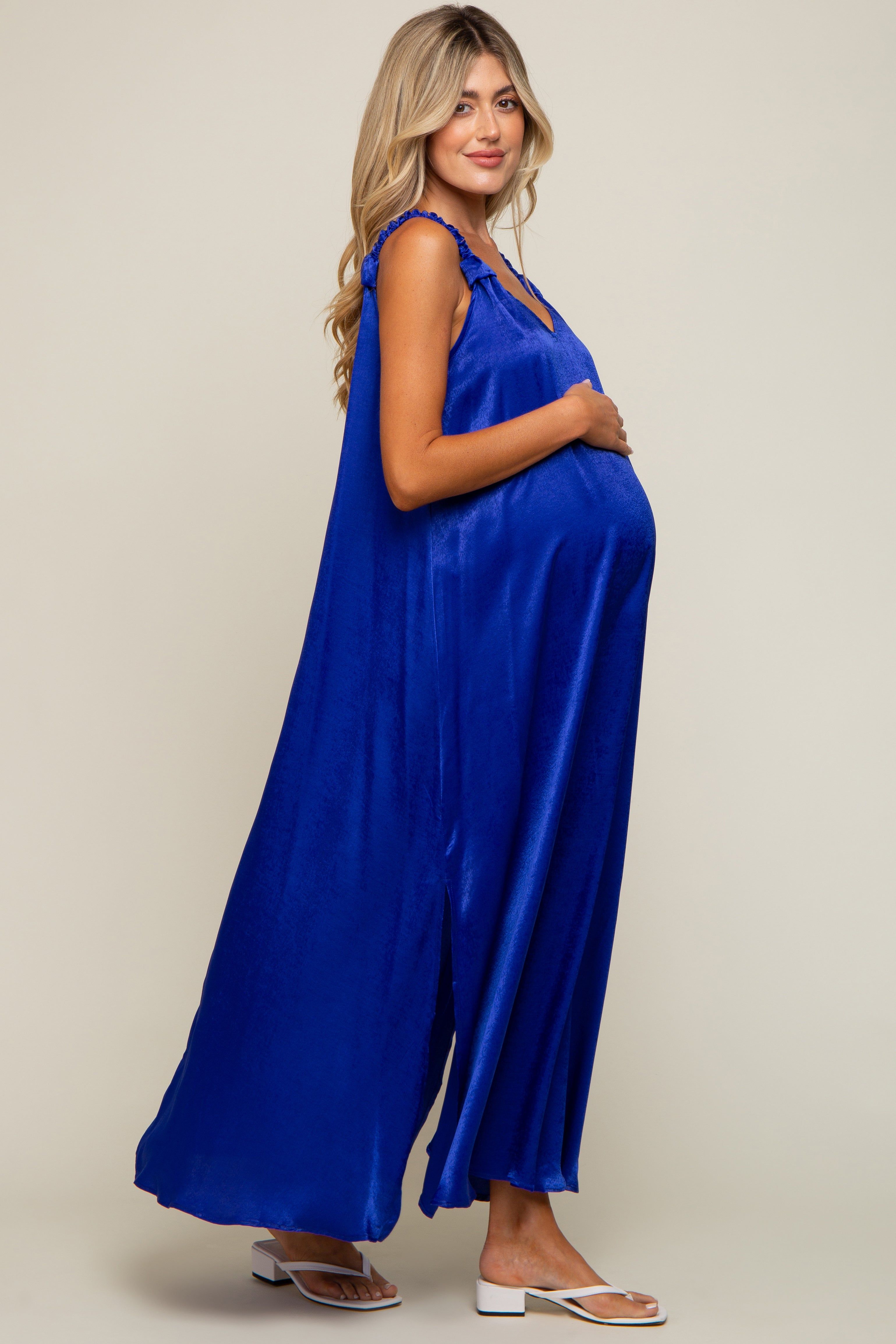 Royal Blue Satin Side Slit Maternity Maxi Dress sold by Pinkblush product image thumbnail 2
