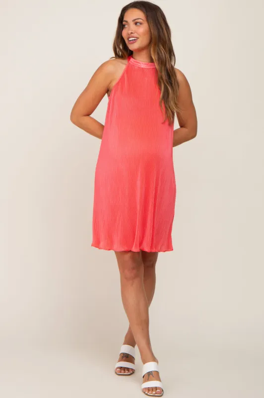 Coral Pleated Plisse Halter Maternity Dress sold by Pinkblush