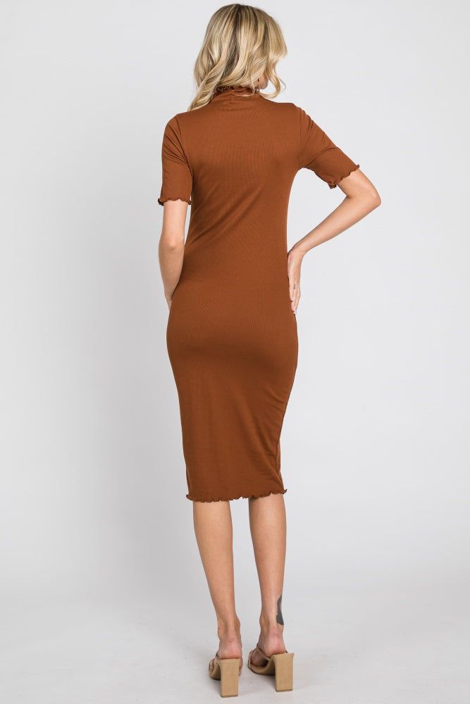 Rust Ribbed Mock Neck Fitted Midi Dress sold by Pinkblush product image thumbnail 3