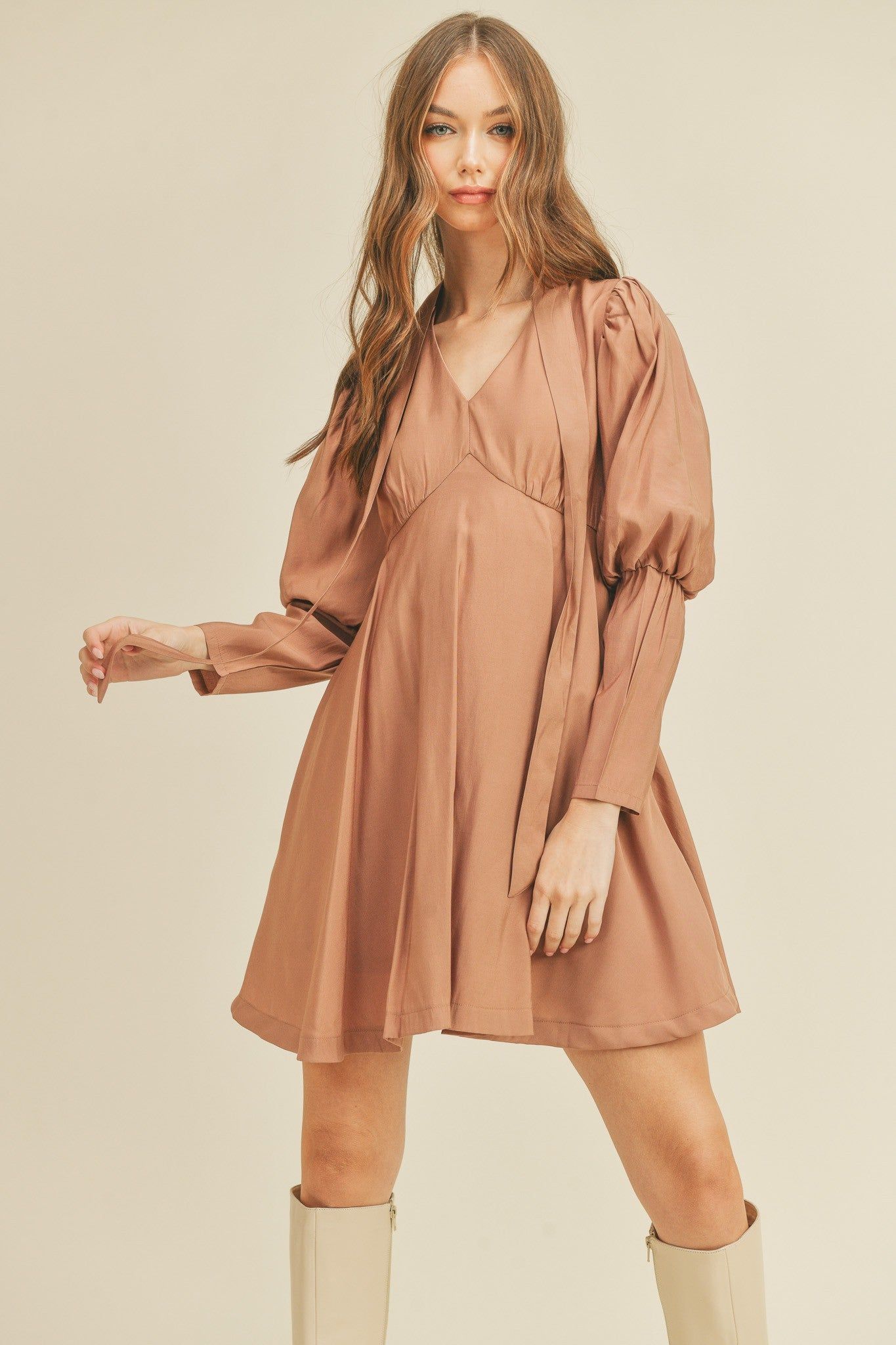 Mauve Tie Neck Mini Dress sold by Pinkblush
