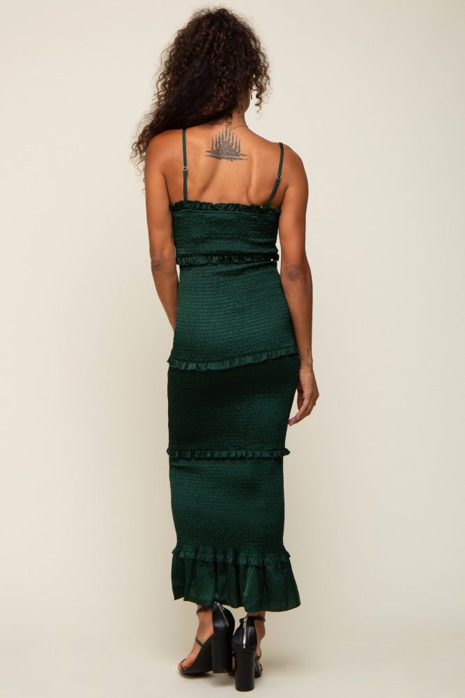Forest Green Satin Smocked Fitted Maxi Dress sold by Pinkblush product image thumbnail 3