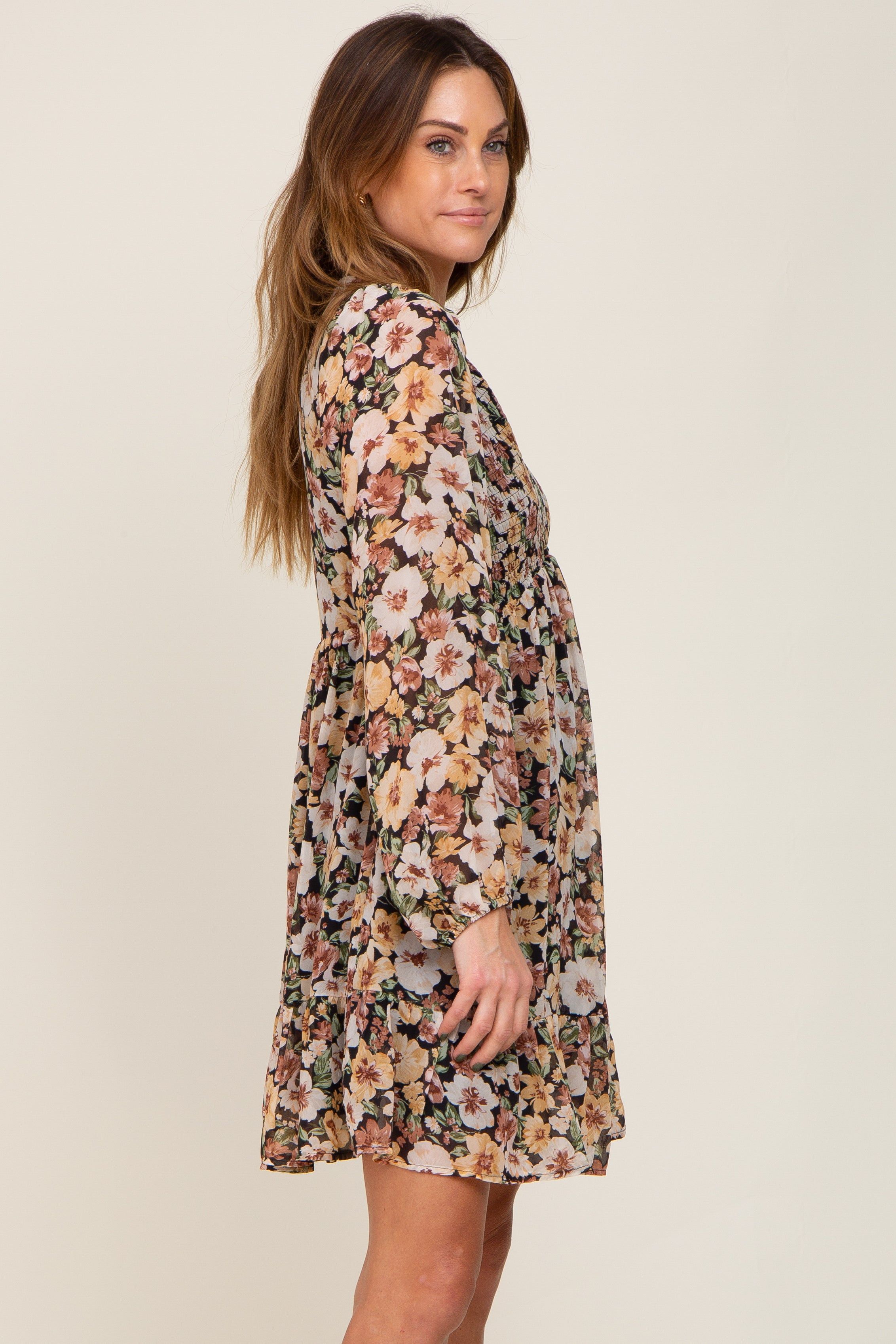 Black Floral Chiffon Smocked Ruffle Hem Dress sold by Pinkblush product image thumbnail 2