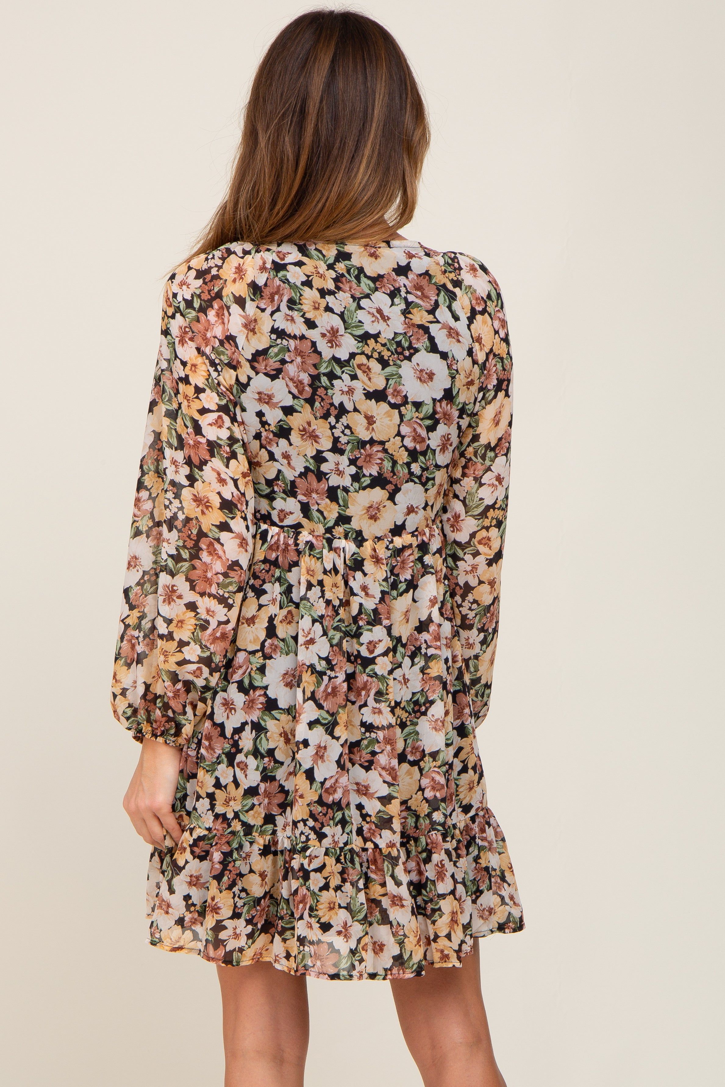 Black Floral Chiffon Smocked Ruffle Hem Dress sold by Pinkblush product image thumbnail 3