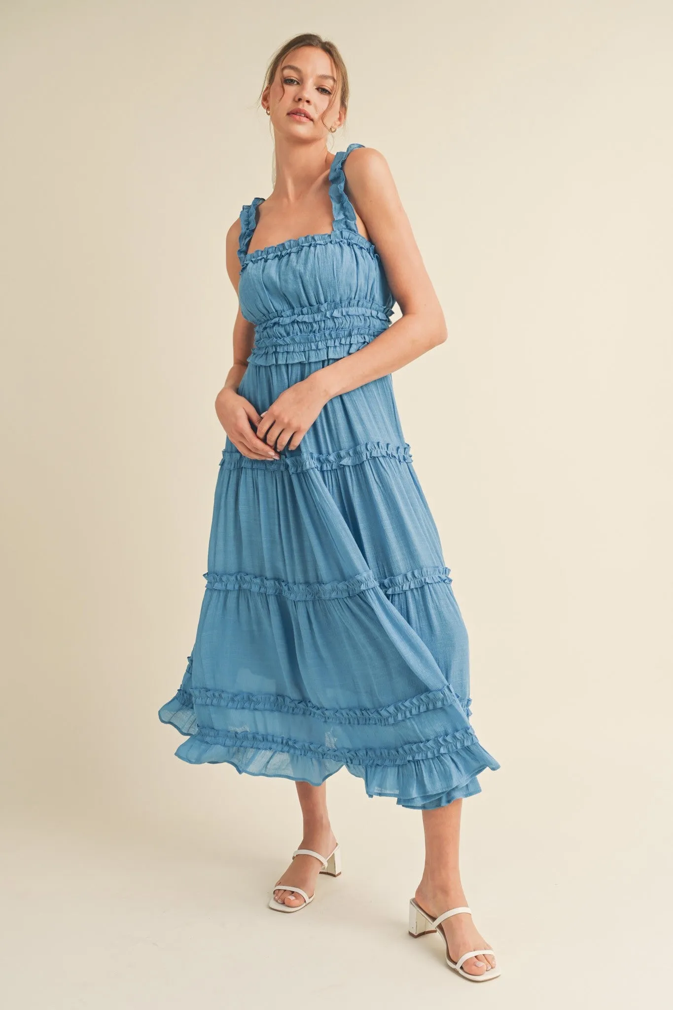 Blue Ruffled Midi Dress sold by Pinkblush