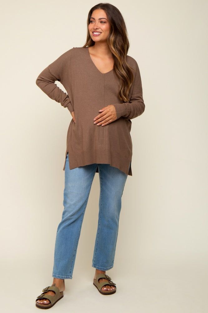 Mocha Long Sleeve Side Slit Maternity Sweater sold by Pinkblush