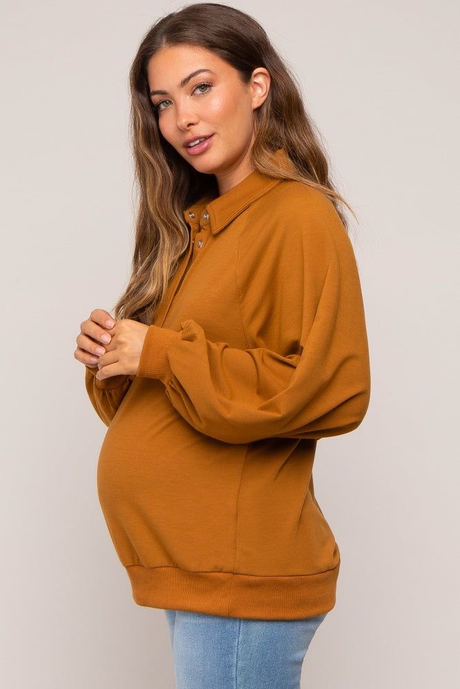 Camel Oversized Snap Button Collared Maternity Top sold by Pinkblush product image thumbnail 2