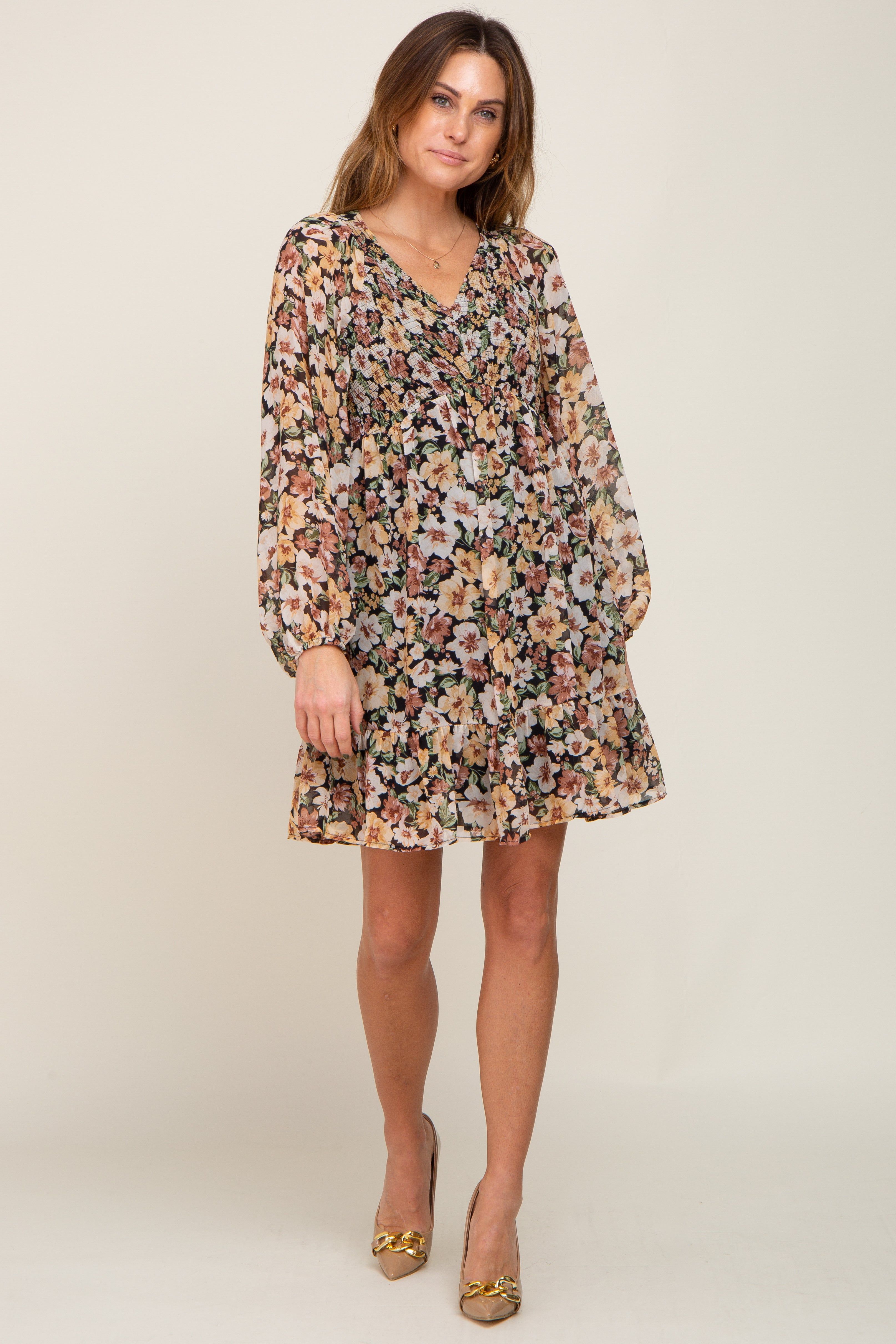 Black Floral Chiffon Smocked Ruffle Hem Dress sold by Pinkblush product image thumbnail 4