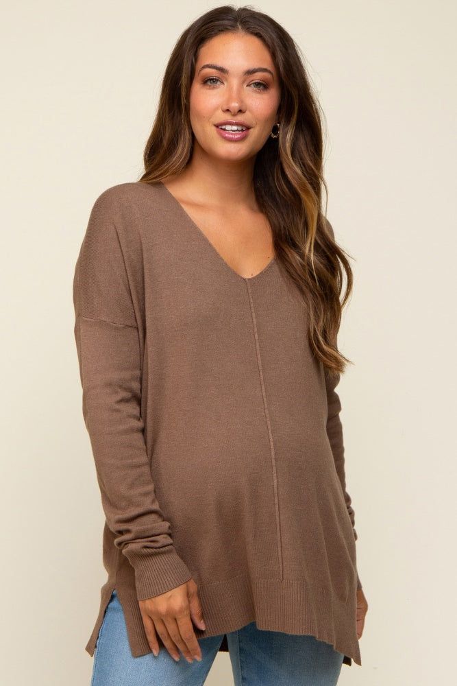 Mocha Long Sleeve Side Slit Maternity Sweater sold by Pinkblush product image thumbnail 2