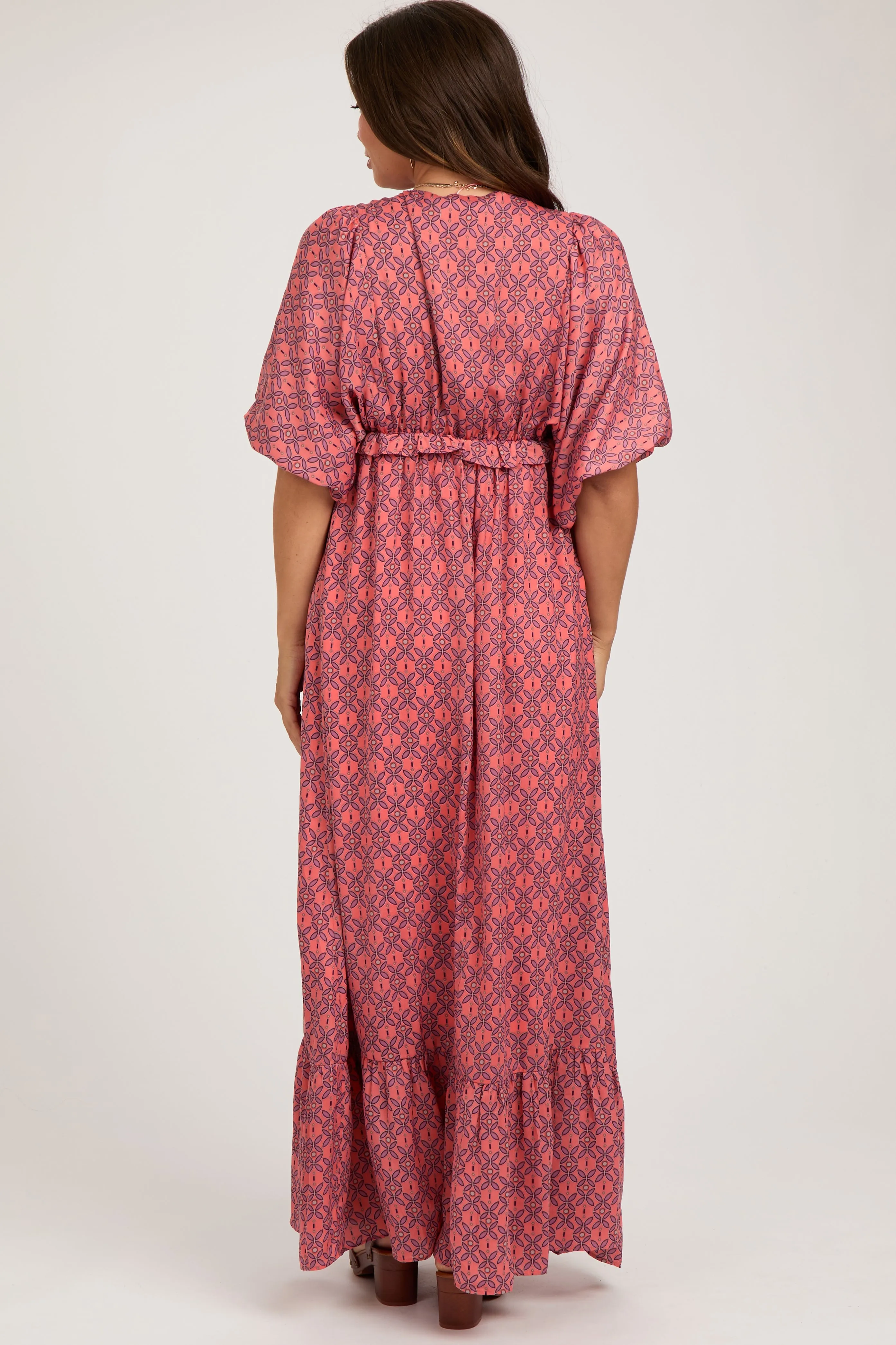 Orange Deep V-Neck Short Puff Sleeve Ruffle Maternity Maxi Dress sold by Pinkblush product image thumbnail 4