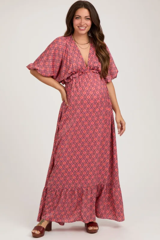 Orange Deep V-Neck Short Puff Sleeve Ruffle Maternity Maxi Dress sold by Pinkblush