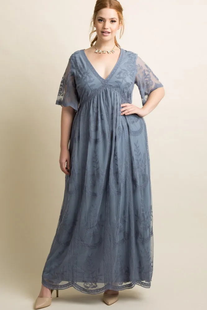 PinkBlush Blue Lace Mesh Overlay Plus Maxi Dress sold by Pinkblush