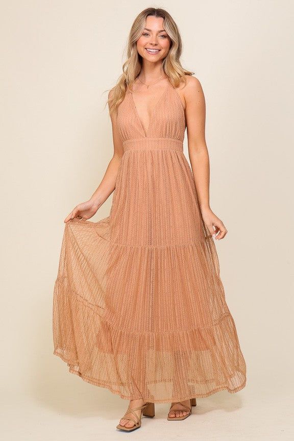 Blush Boho Halter Tiered Lace Maxi Lined Dress sold by Pinkblush