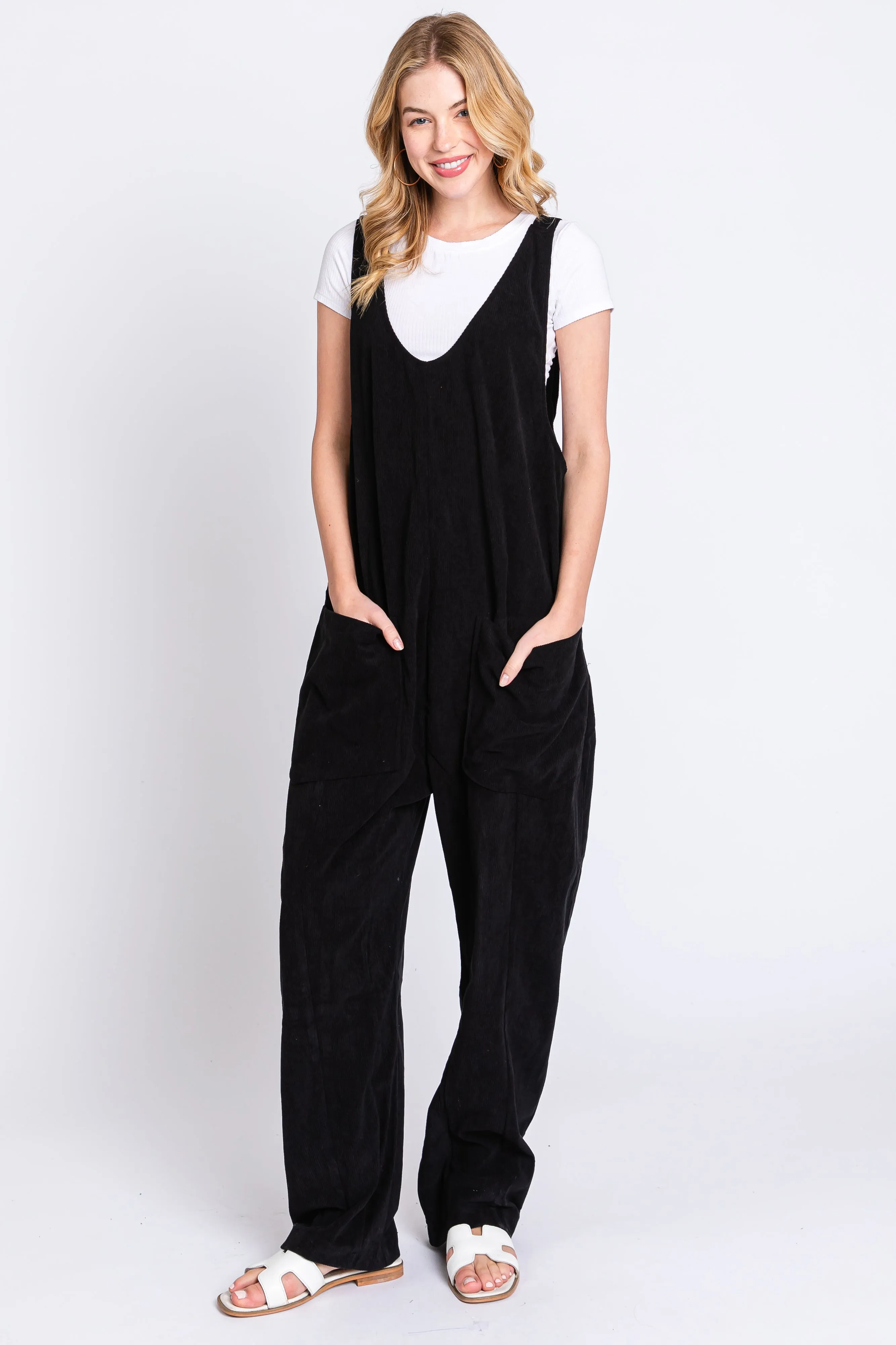 Black Corduroy Wide Leg Overalls sold by Pinkblush