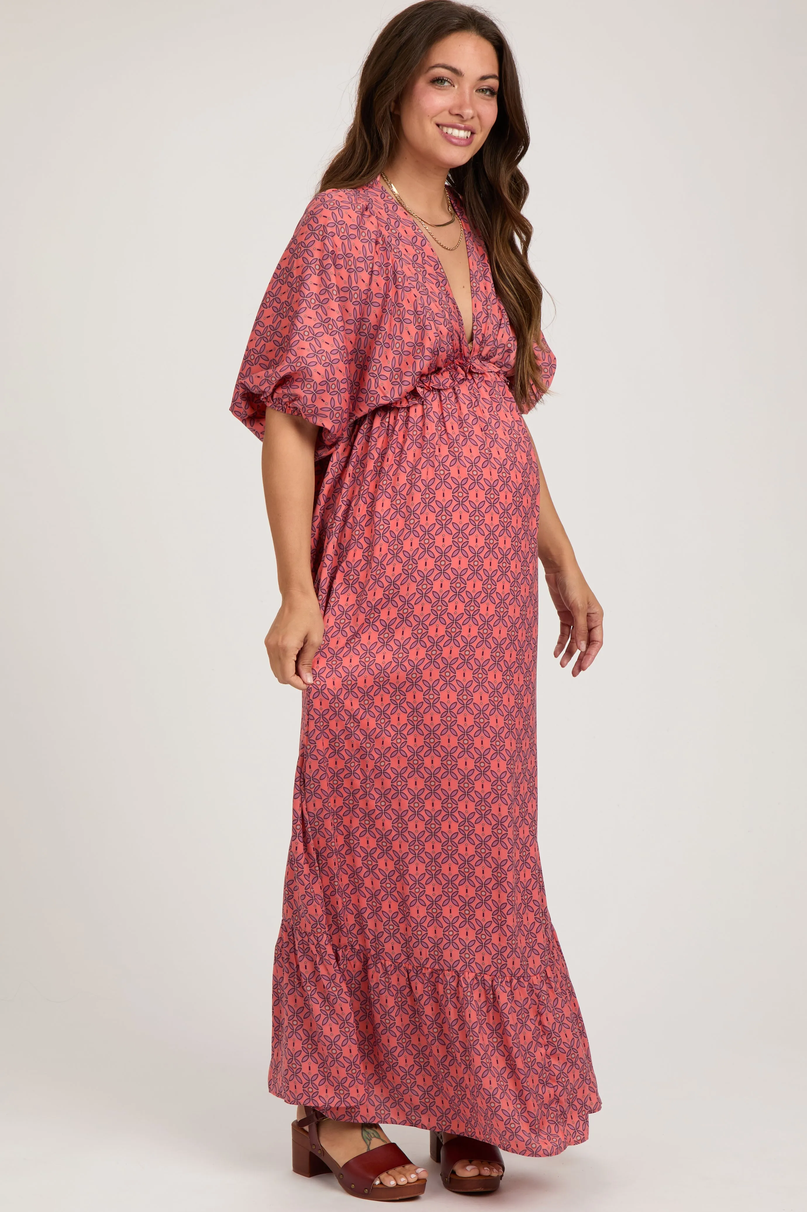 Orange Deep V-Neck Short Puff Sleeve Ruffle Maternity Maxi Dress sold by Pinkblush product image thumbnail 3