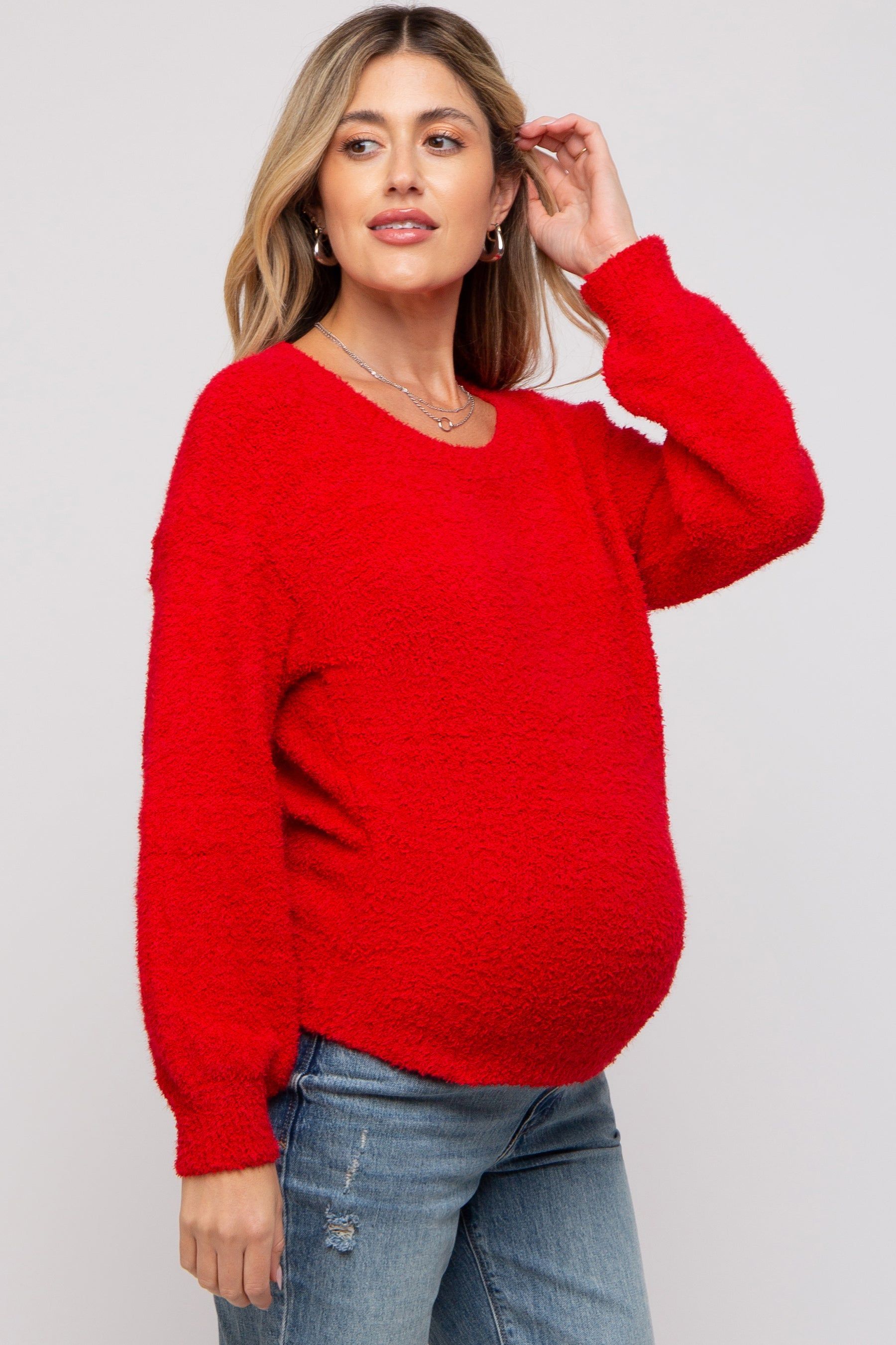 Red Fuzzy Soft Knit Maternity Sweater sold by Pinkblush product image thumbnail 2