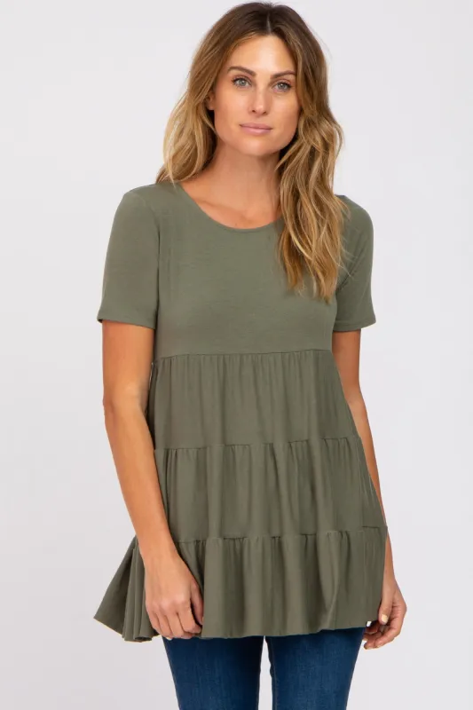 Olive Tiered Short Sleeve Top sold by Pinkblush