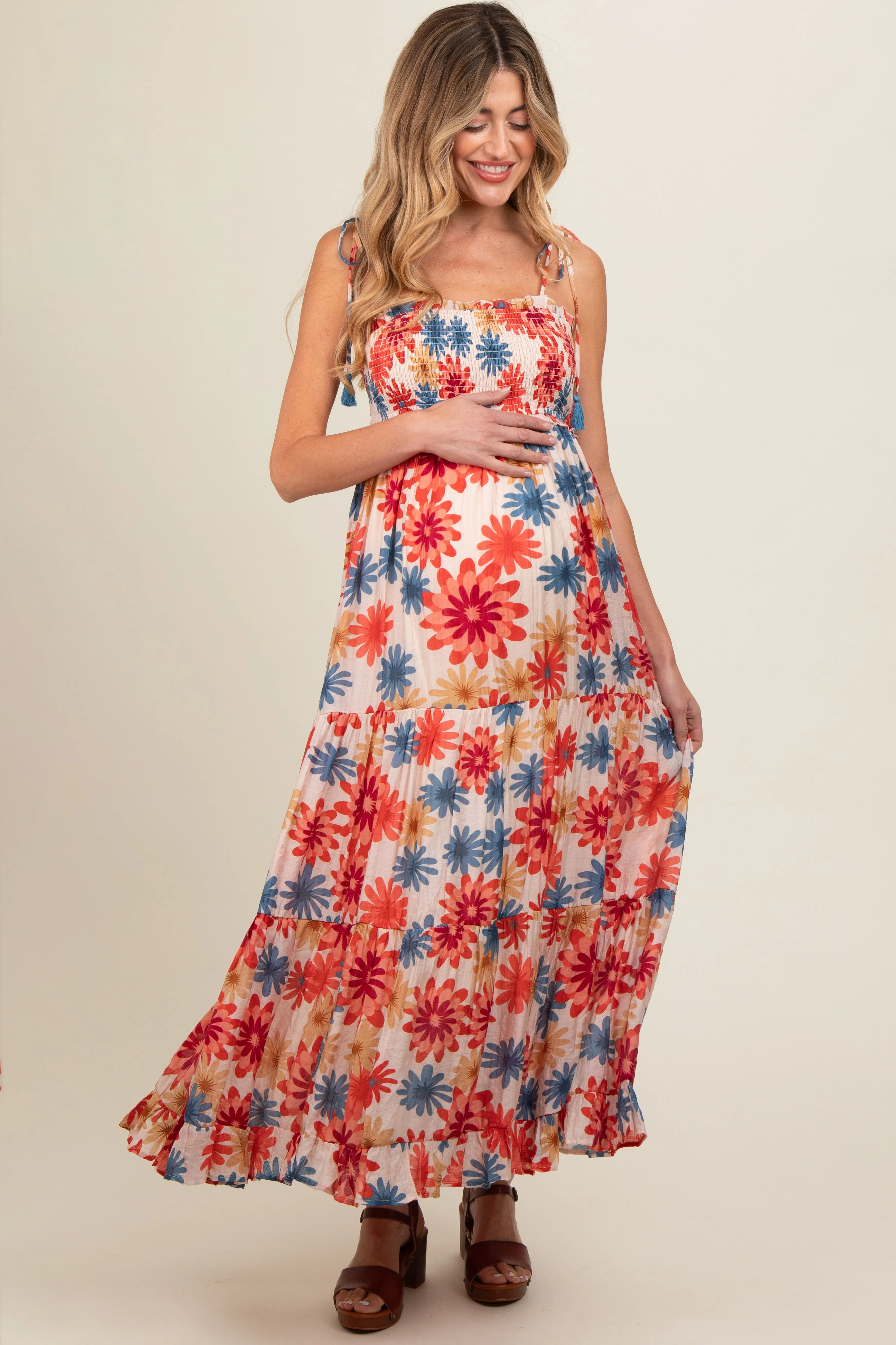 Coral Floral Smocked Shoulder Tie Maternity Maxi Dress sold by Pinkblush product image thumbnail 2