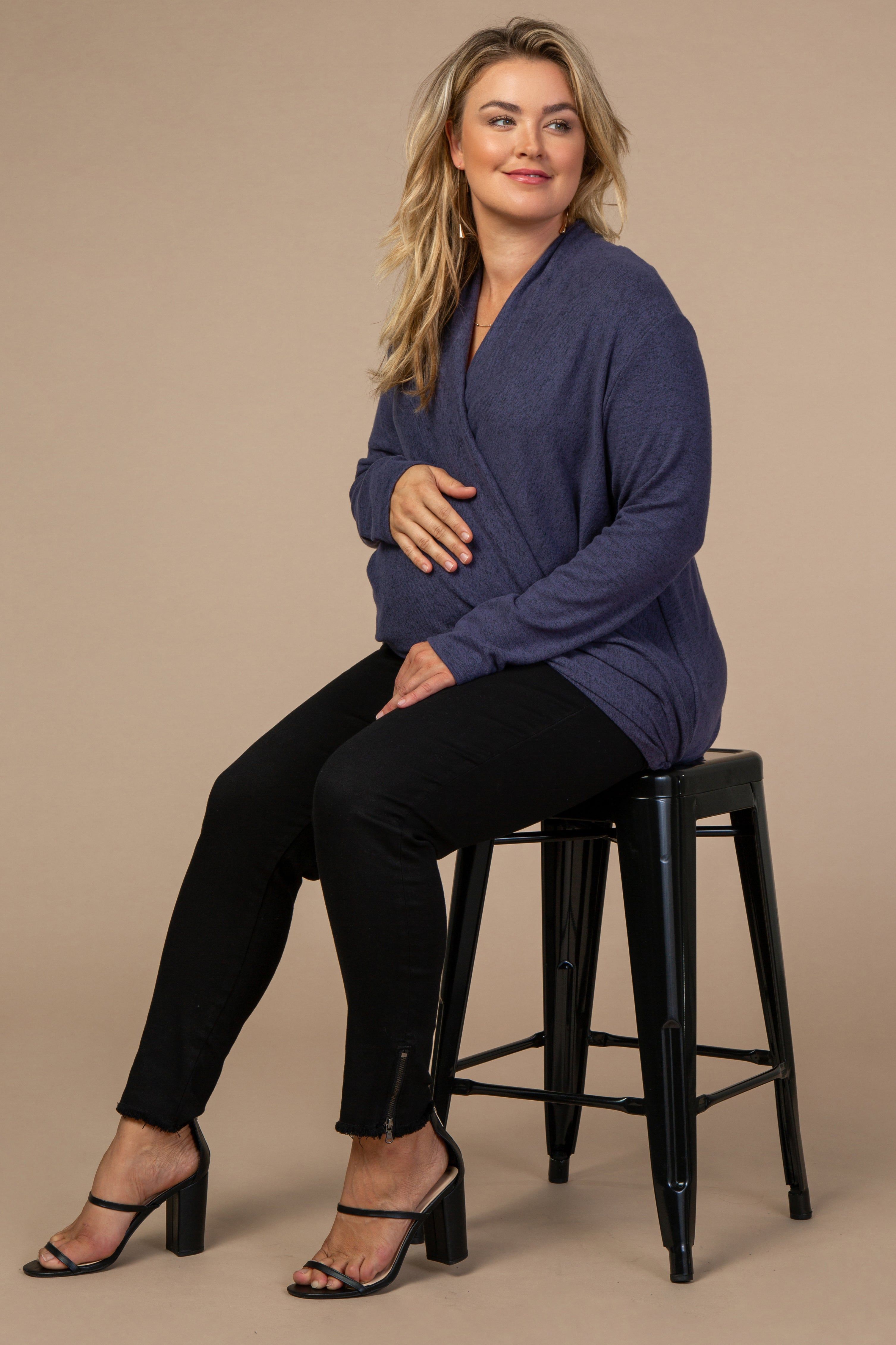 PinkBlush Navy Blue Draped Wrap Plus Maternity Nursing Top sold by Pinkblush