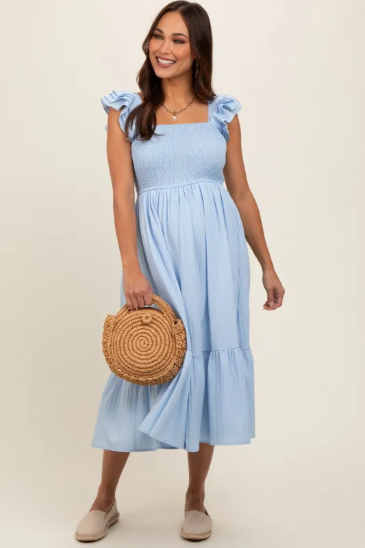 Light Blue Striped Flutter Sleeve Maternity Midi Dress sold by Pinkblush