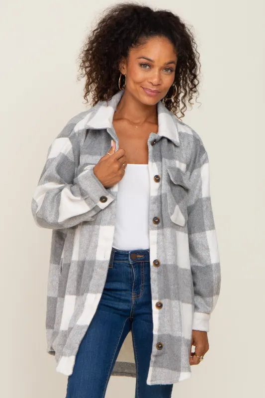 Grey Plaid Brushed Long Shacket sold by Pinkblush