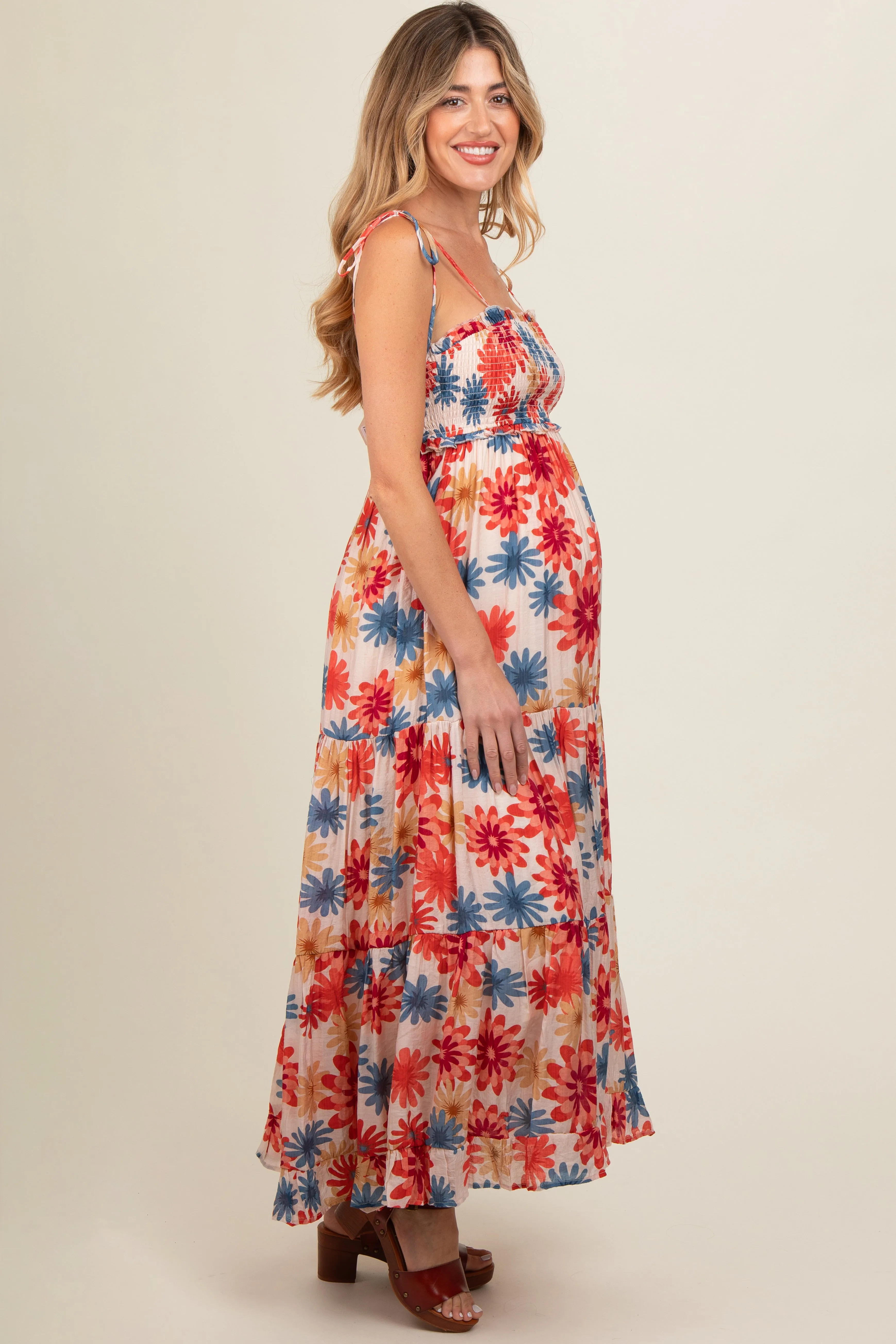 Coral Floral Smocked Shoulder Tie Maternity Maxi Dress sold by Pinkblush product image thumbnail 3