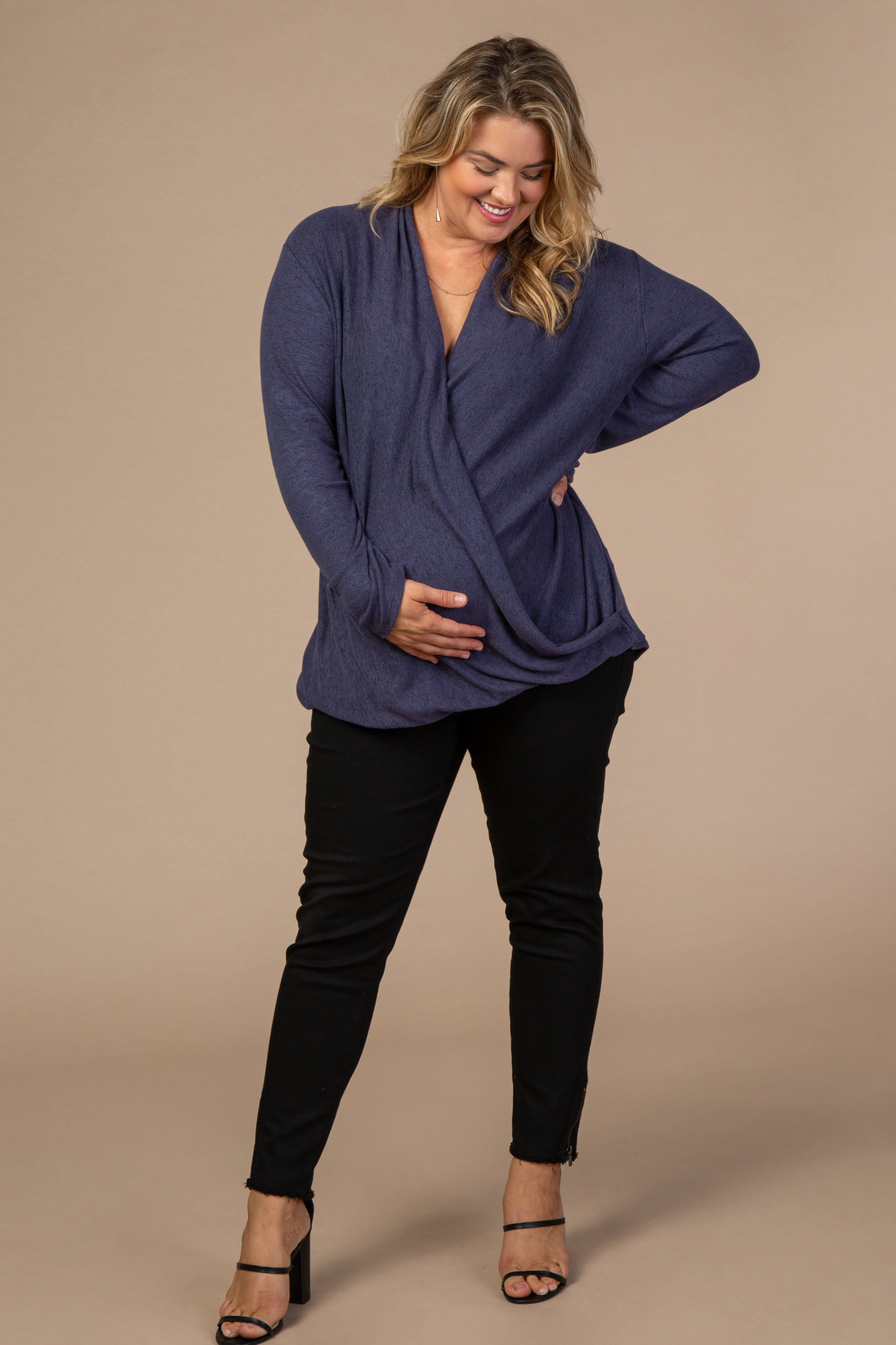 PinkBlush Navy Blue Draped Wrap Plus Maternity Nursing Top sold by Pinkblush product image thumbnail 2