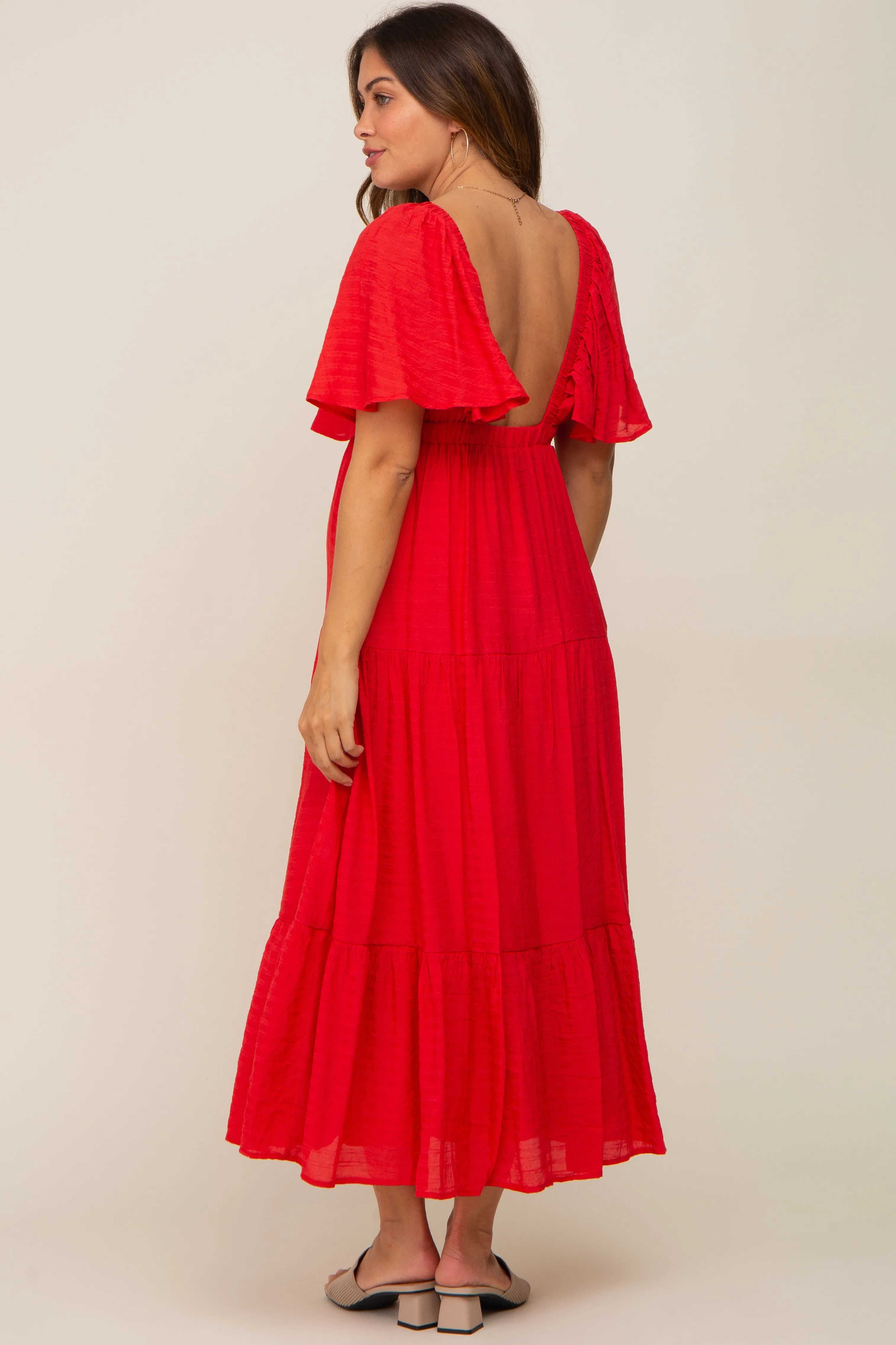 Red Textured Stripe Deep V-Neck Layered Sleeve Maternity Maxi Dress sold by Pinkblush product image thumbnail 3