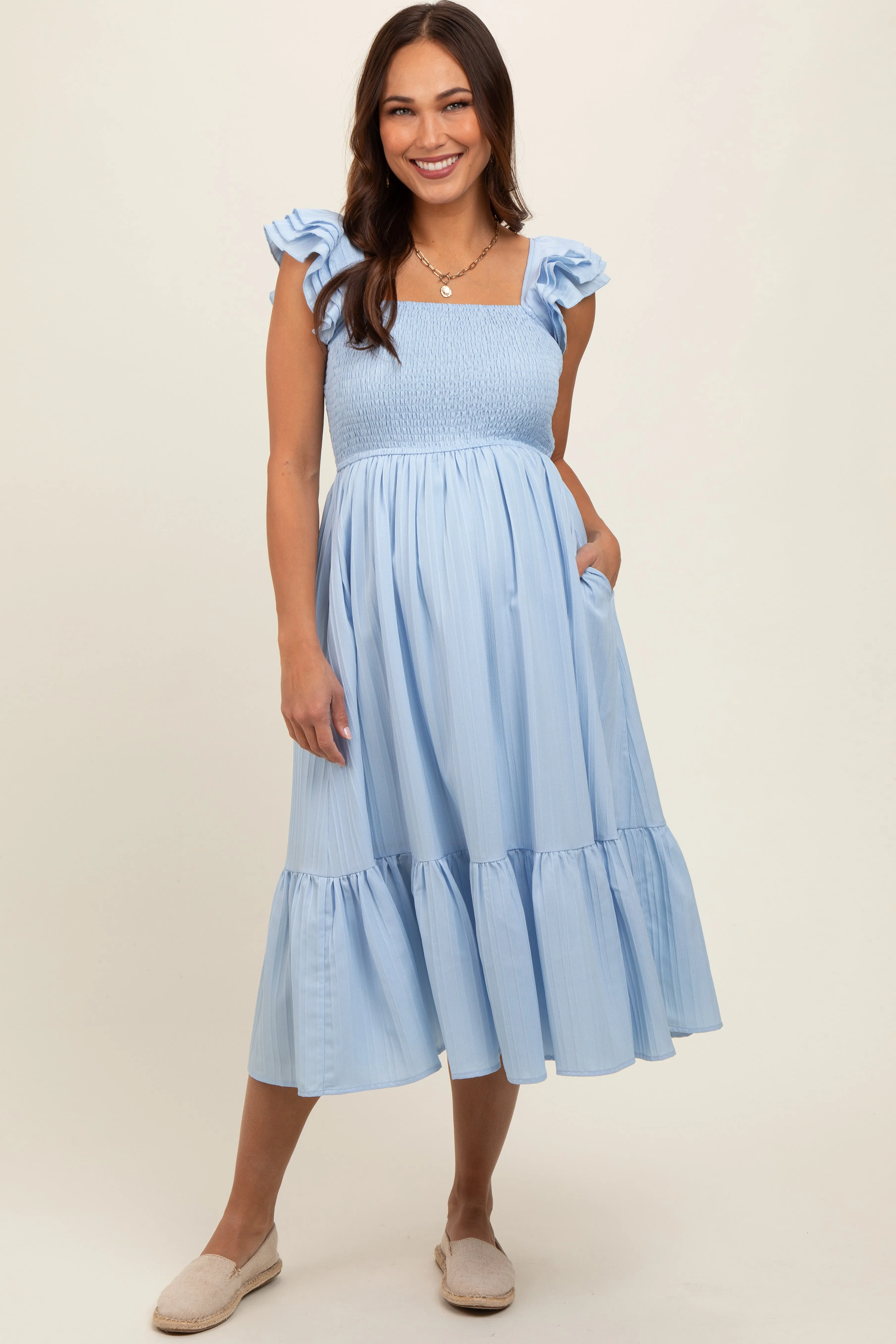Light Blue Striped Flutter Sleeve Maternity Midi Dress sold by Pinkblush product image thumbnail 2