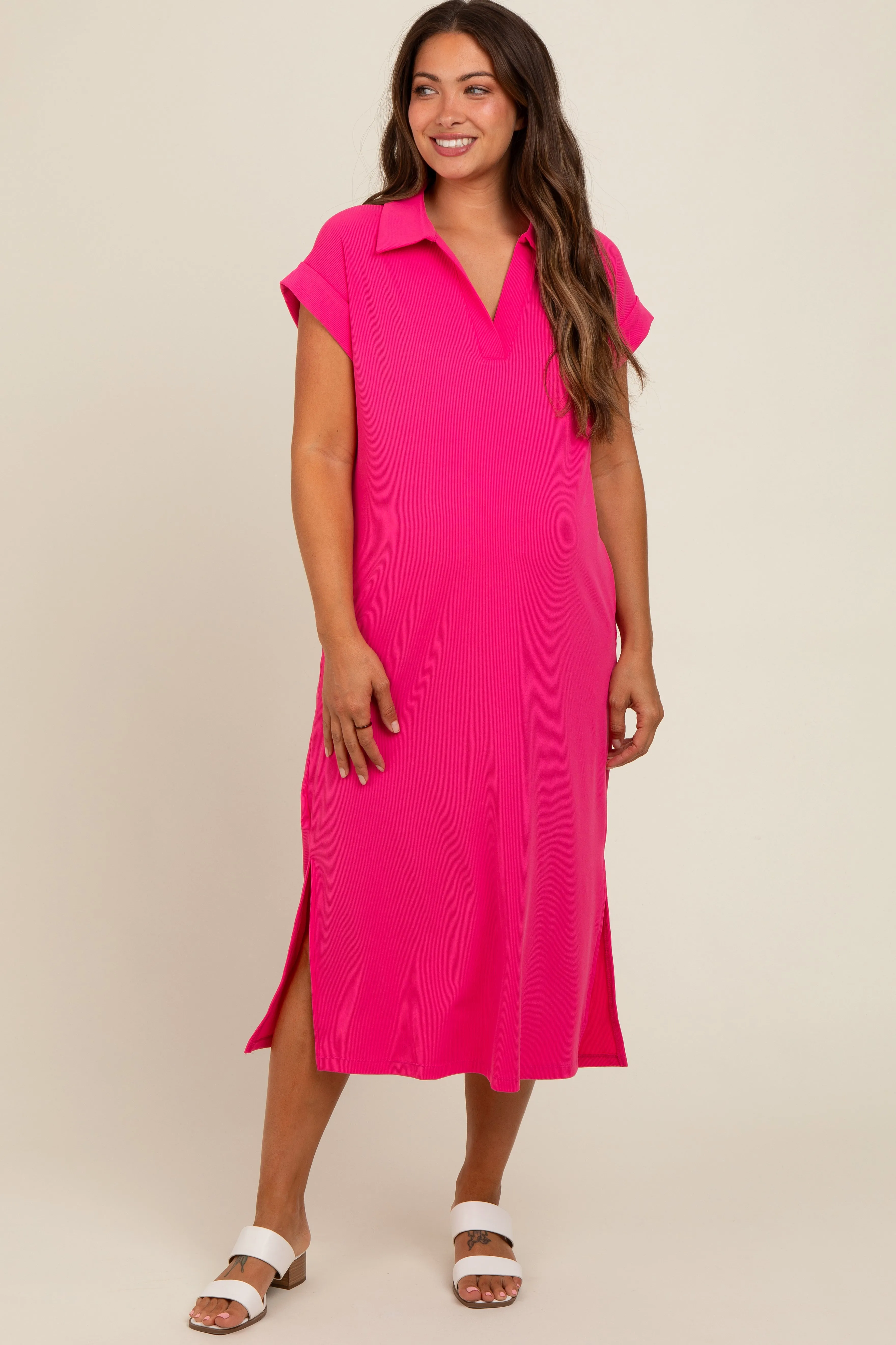Fuchsia Collared Side Slit Maternity Midi Dress sold by Pinkblush